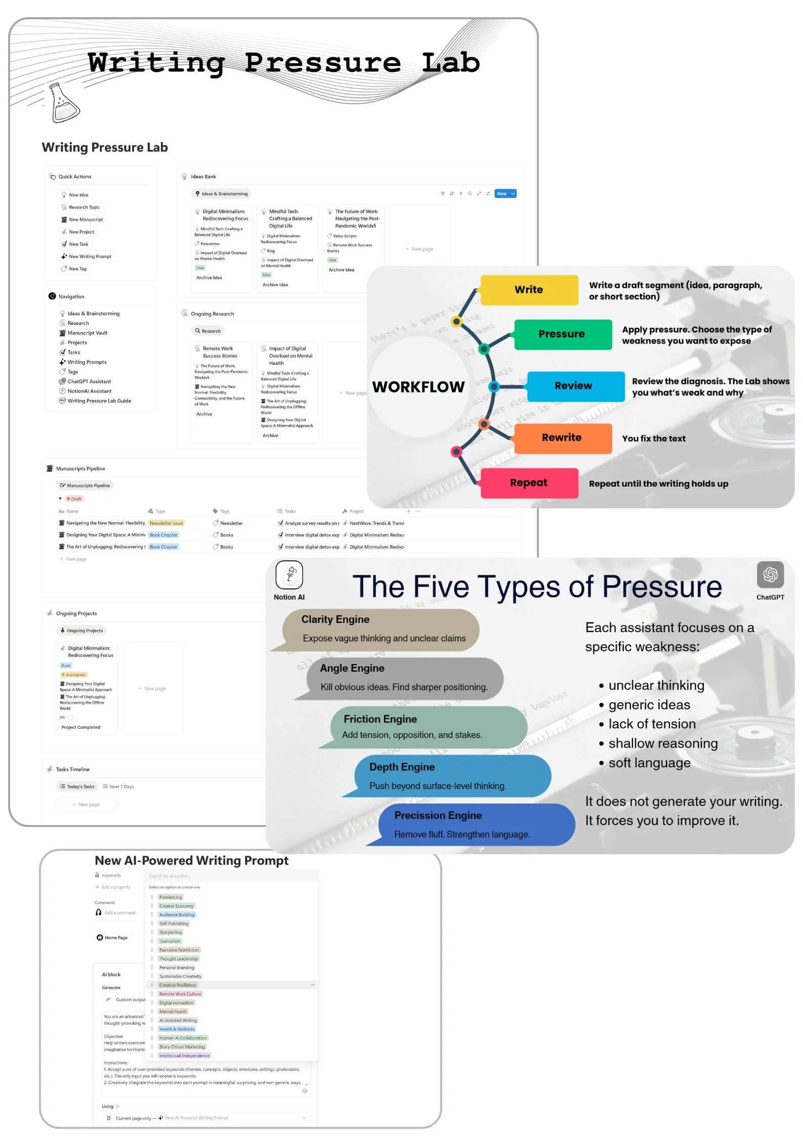 Infographic of the WriteFlow Studio Notion template showing quick action buttons, AI-powered writing prompts, idea and research sections, and a drag-and-drop task calendar