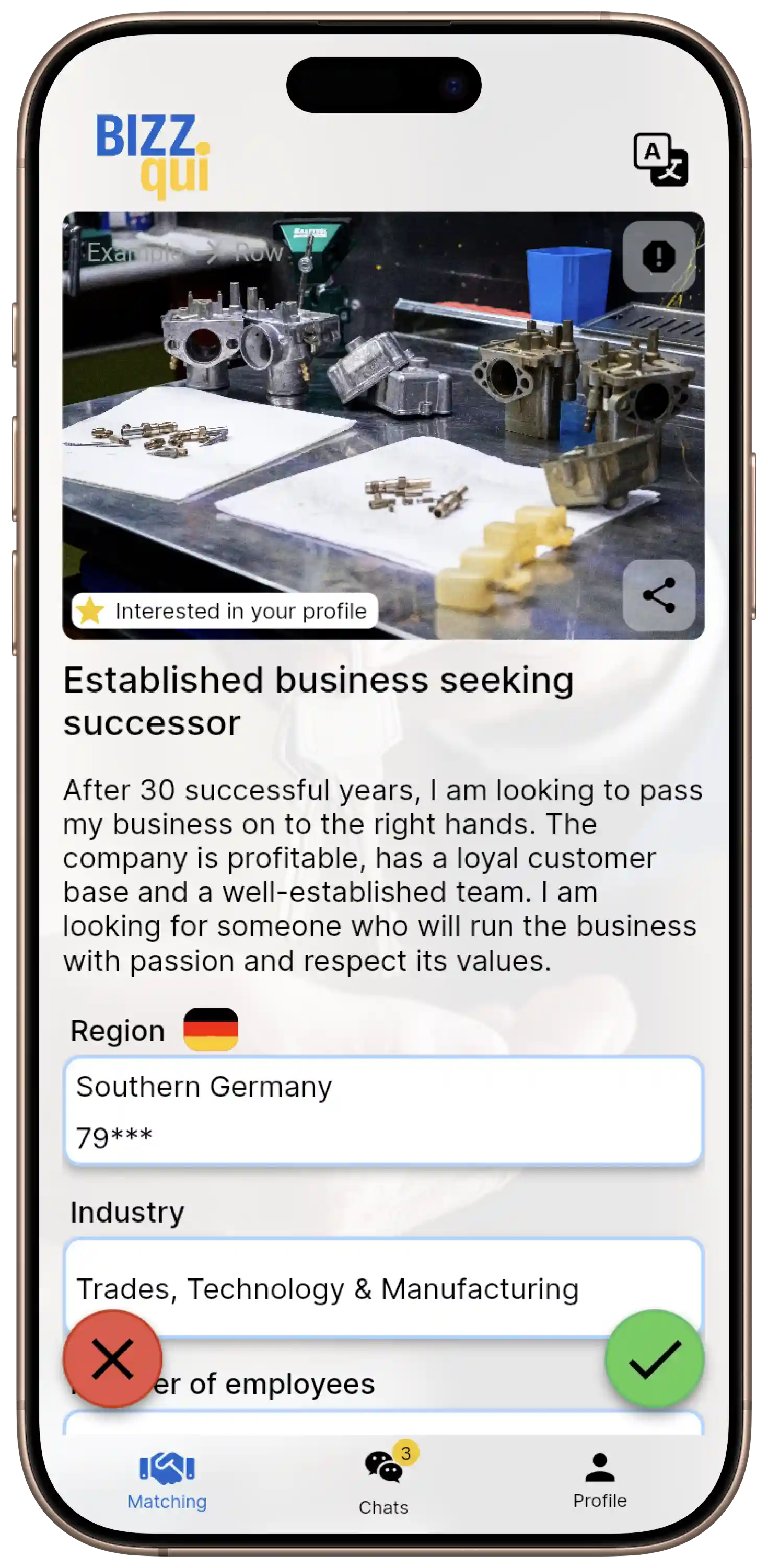 BIZZqui Business Profile: Buy a small business with key figures on revenue, staff and location – discreet business succession marketplace