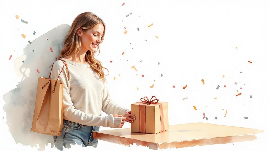 A smiling woman with a shopping bag receives a gift box under falling colorful confetti.