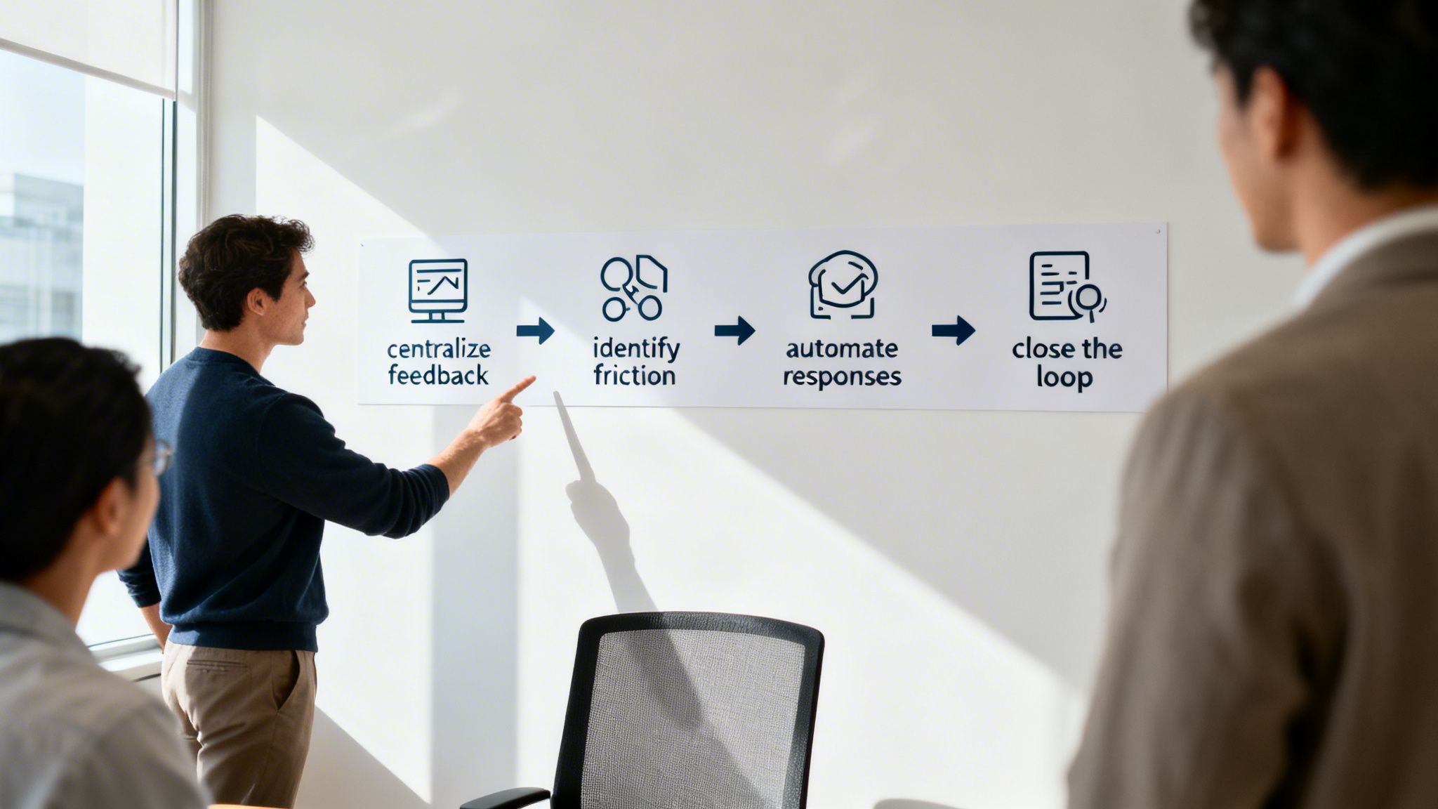 A man points to a four-step feedback process diagram on a white wall in an office.
