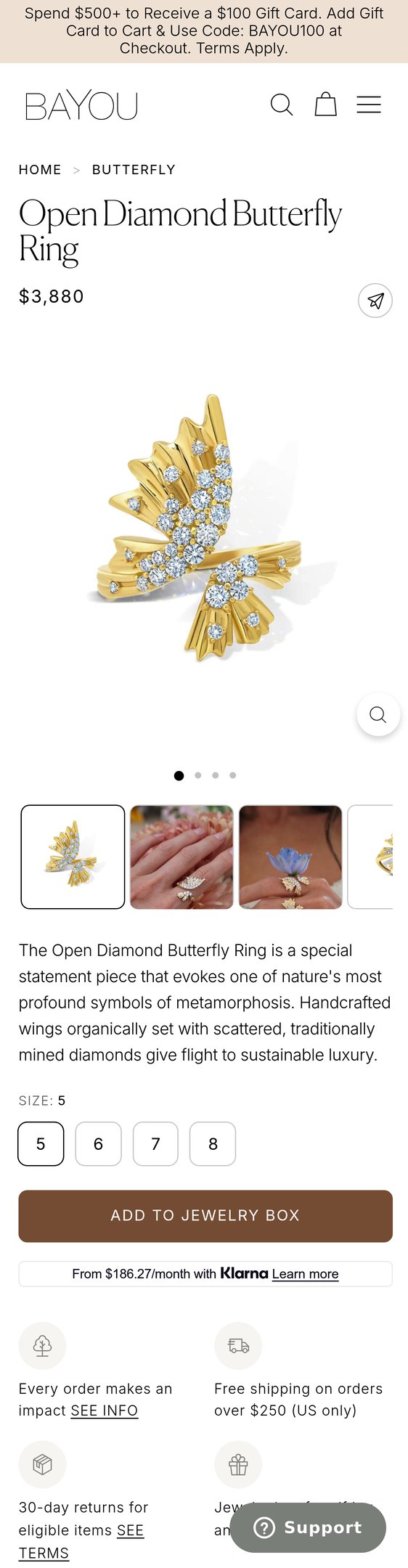 Jewelry product options include: ring for Open Diamond Butterfly Ring from Bayou with Love.