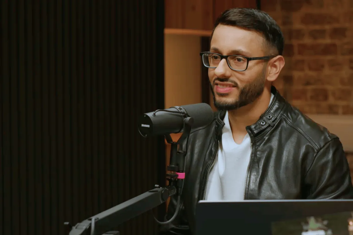 Salients Founder Saj Naeem recording the Salients YouTueb podcast at the Creative Kin podcast studio at Royal Arsenal.