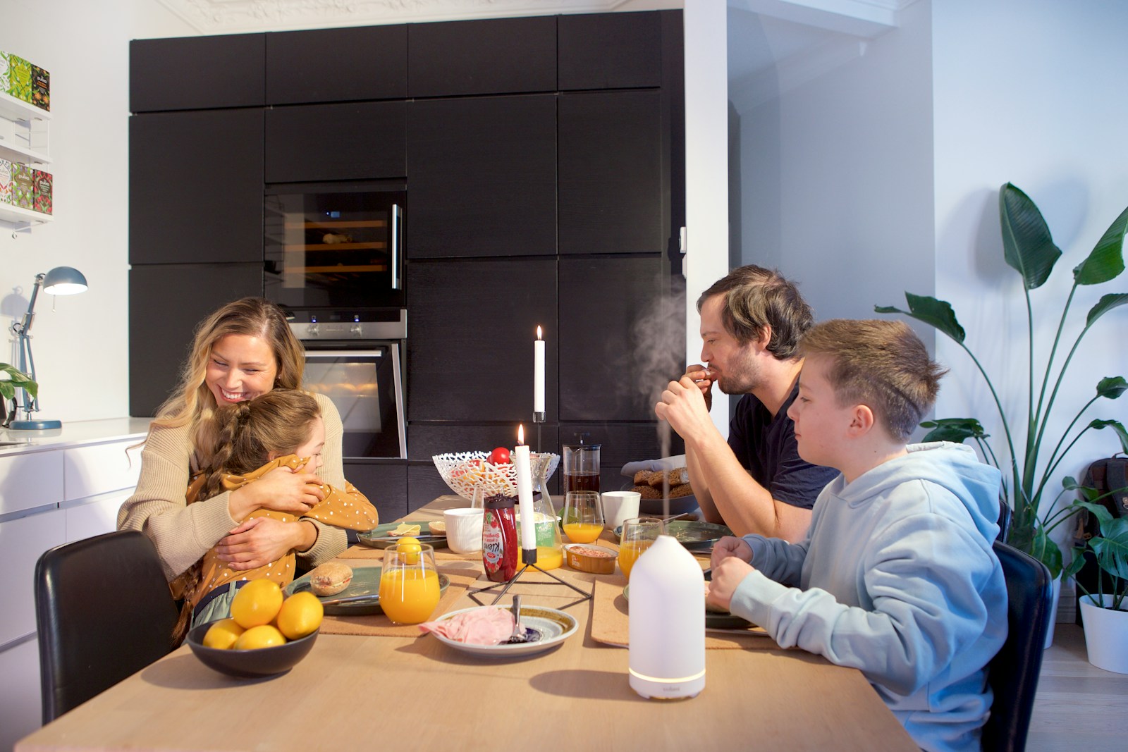 Family gathered at home in the evening