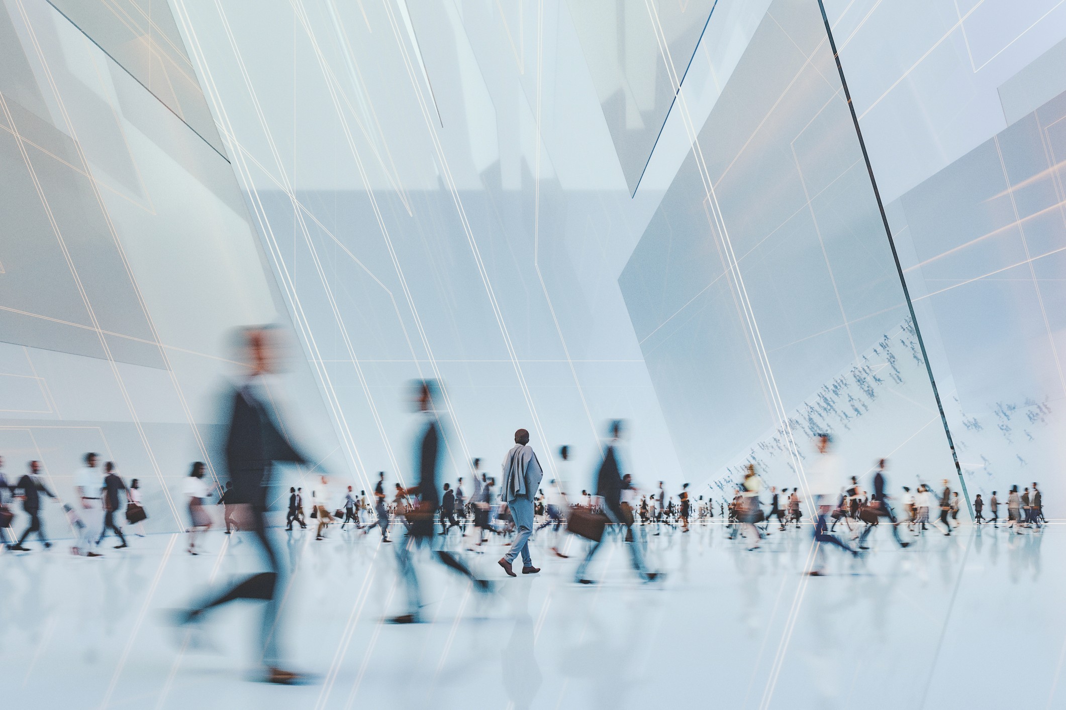Business people walking in futuristic VR office building stock photo