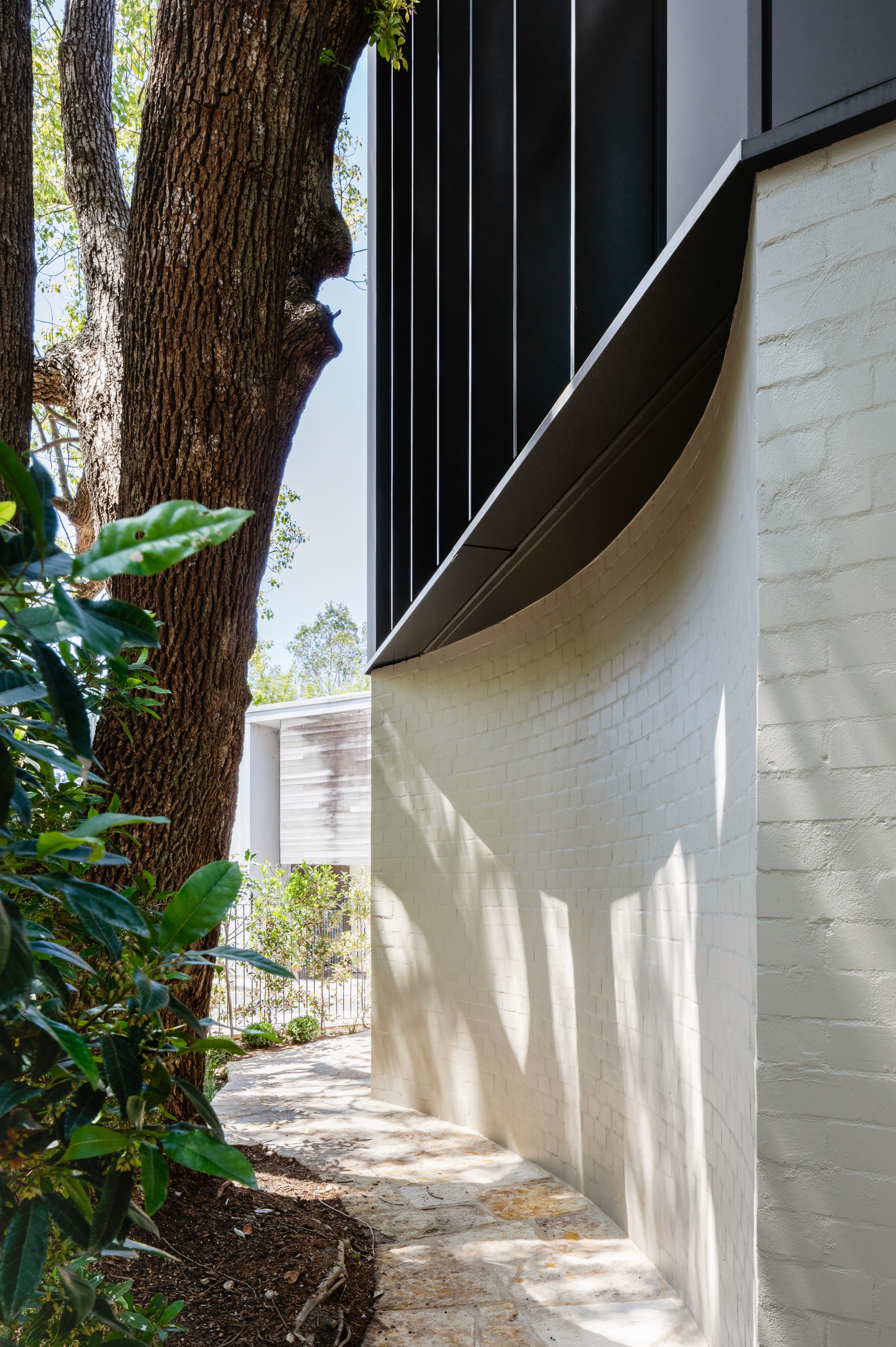 Side elevation of the Woollahra Treehouse showing the junction of dark metal cladding and pale brick base, framed by dense garden planting and existing trees.