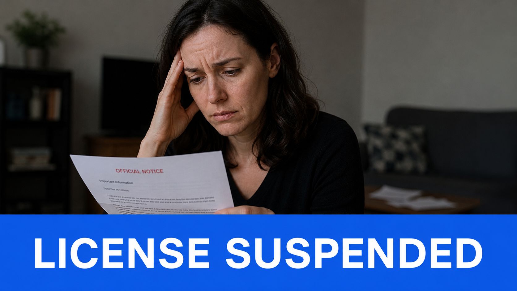 A concerned woman sits at home looking at an official notice regarding her suspended driver license.