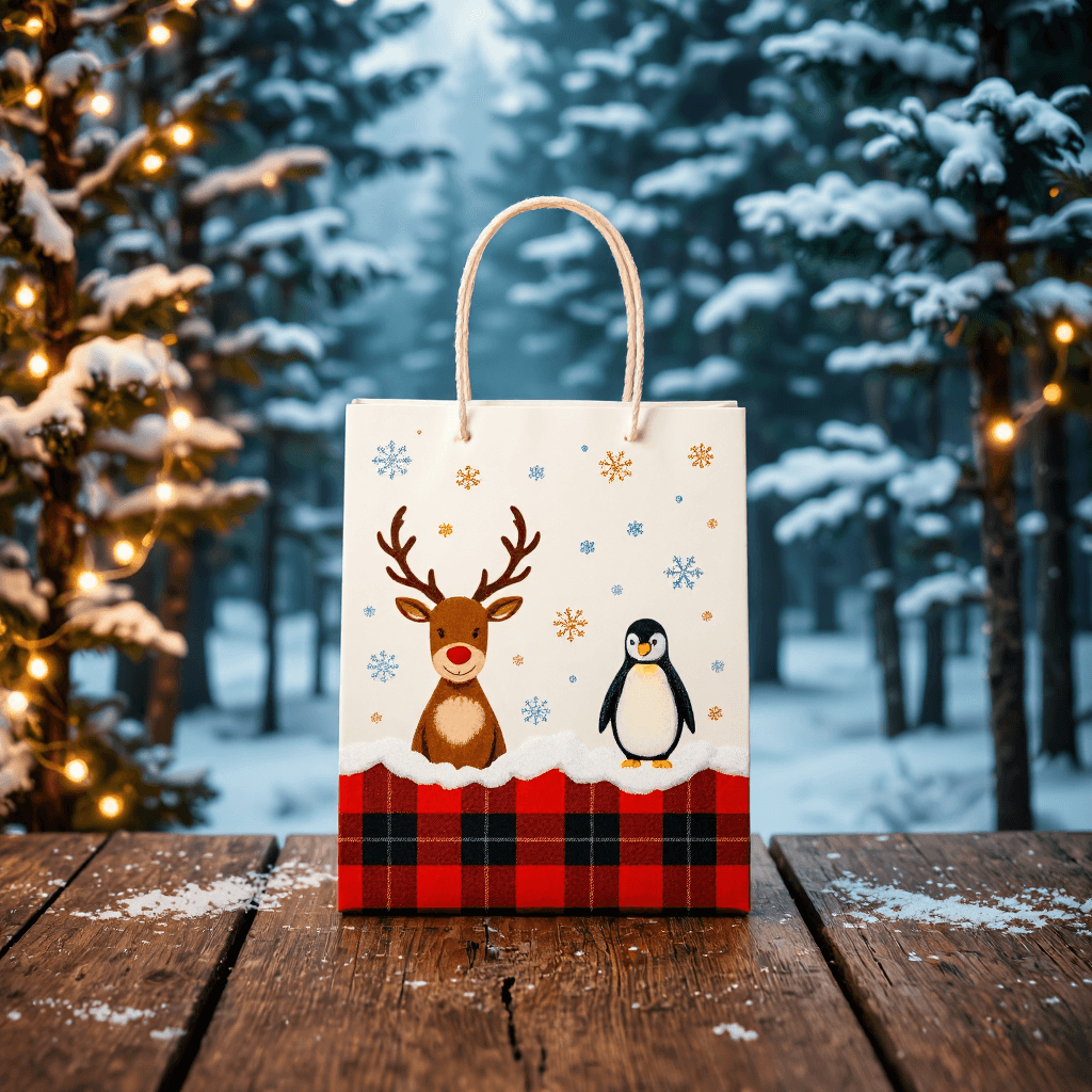 product photography of a decorative gift bag with a holiday theme