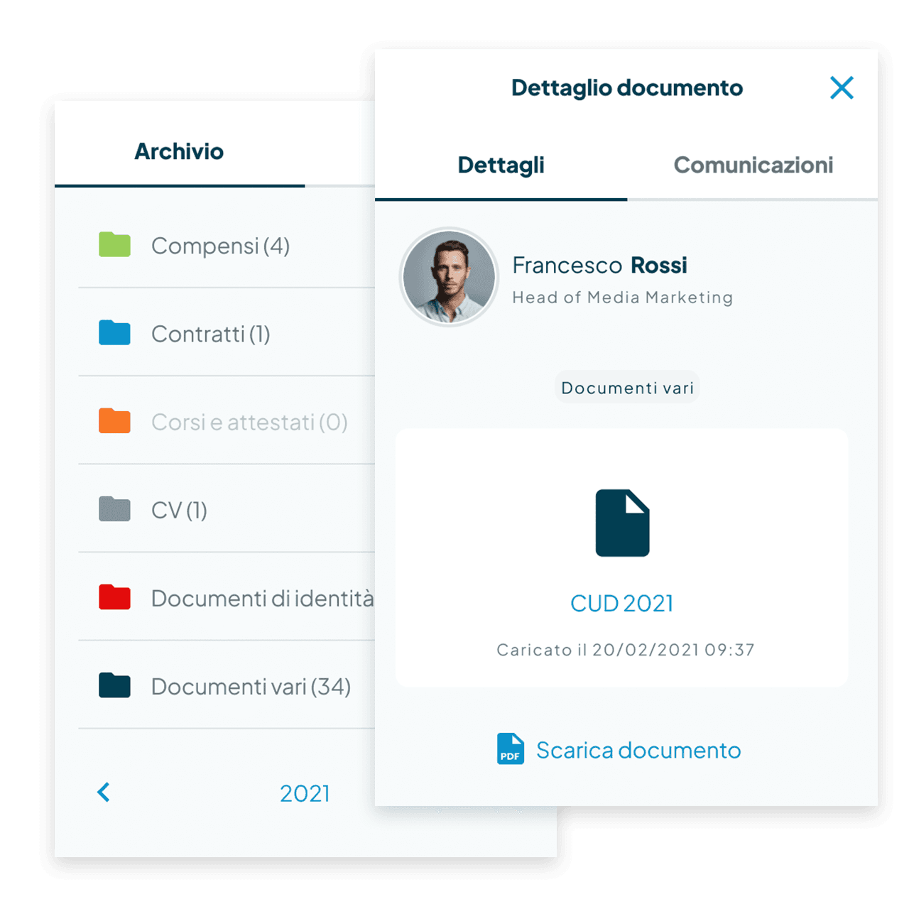 Esempio di invio documenti ai collaboratori tramite l’app Fluida, con notifiche e conferma di lettura integrata.