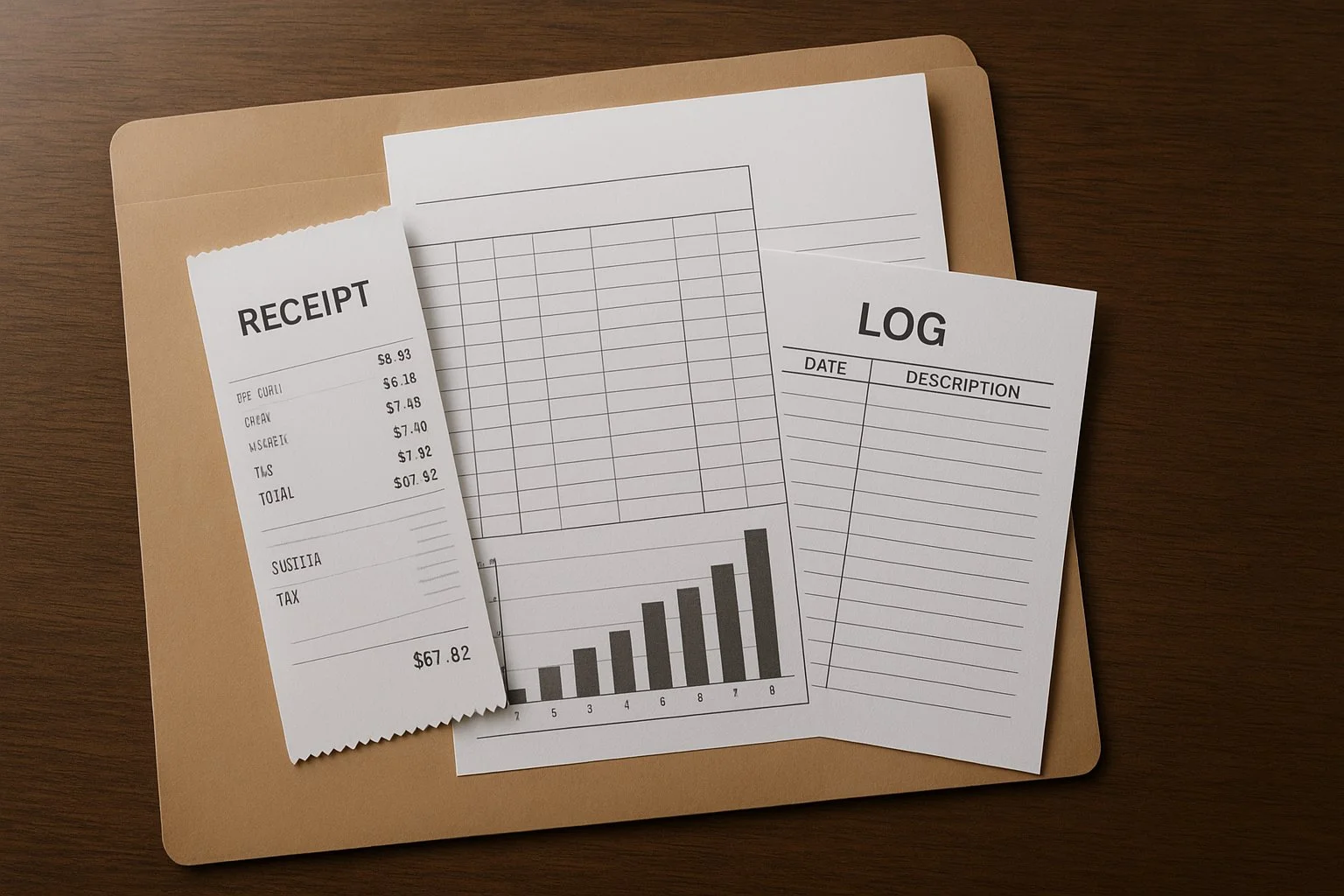 Digital folder containing receipts, spreadsheets, and logs, symbolizing organized recordkeeping for audits.