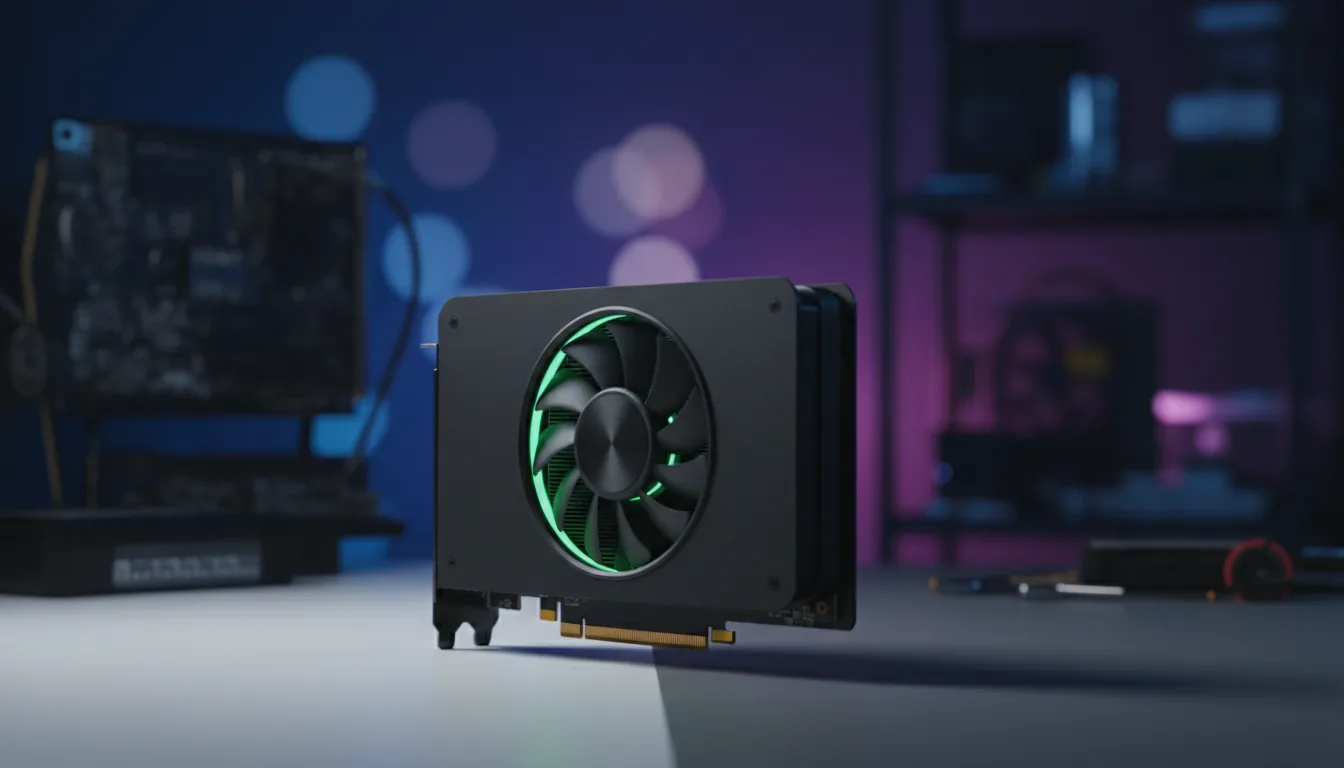 DSLR product photography of a modern, professional workstation GPU with a minimalist matte black rectangular shroud. The graphics card is standing angled on a clean, two-tone surface, with a prominent circular blower-style fan glowing with a bright internal green LED light. Soft studio lighting from below illuminates the subject, creating subtle highlights. The background is a heavily blurred tech workshop with computer parts and shelving, featuring cinematic contrast with ambient blue and purple lighting, creating a strong bokeh effect. Shallow depth of field, tack sharp focus.