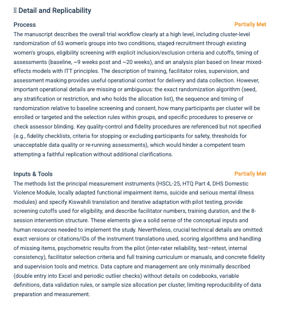 thesify downloadable feedback report showing Detail and Replicability checks for process and inputs and tools in a manuscript review