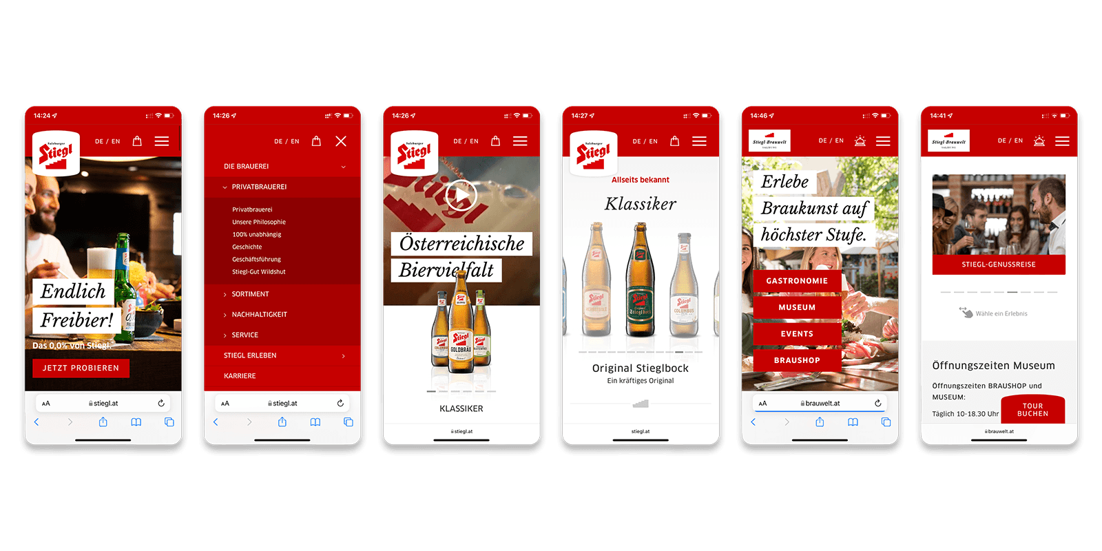 Mobile User-Flows der Stiegl Website von Navigation über Sortiment bis zu Erlebnis- und Eventinhalten