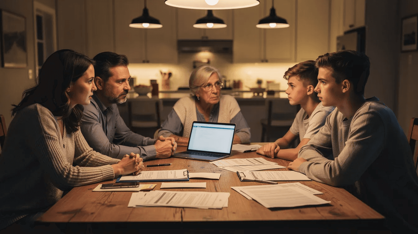 A family is gathered around a dining table, engaged in a serious yet caring conversation while reviewing documents and a laptop. They are discussing the importance of regularly updating beneficiary designations for their retirement accounts and life insurance policies to avoid legal complications and ensure their wishes are honored.