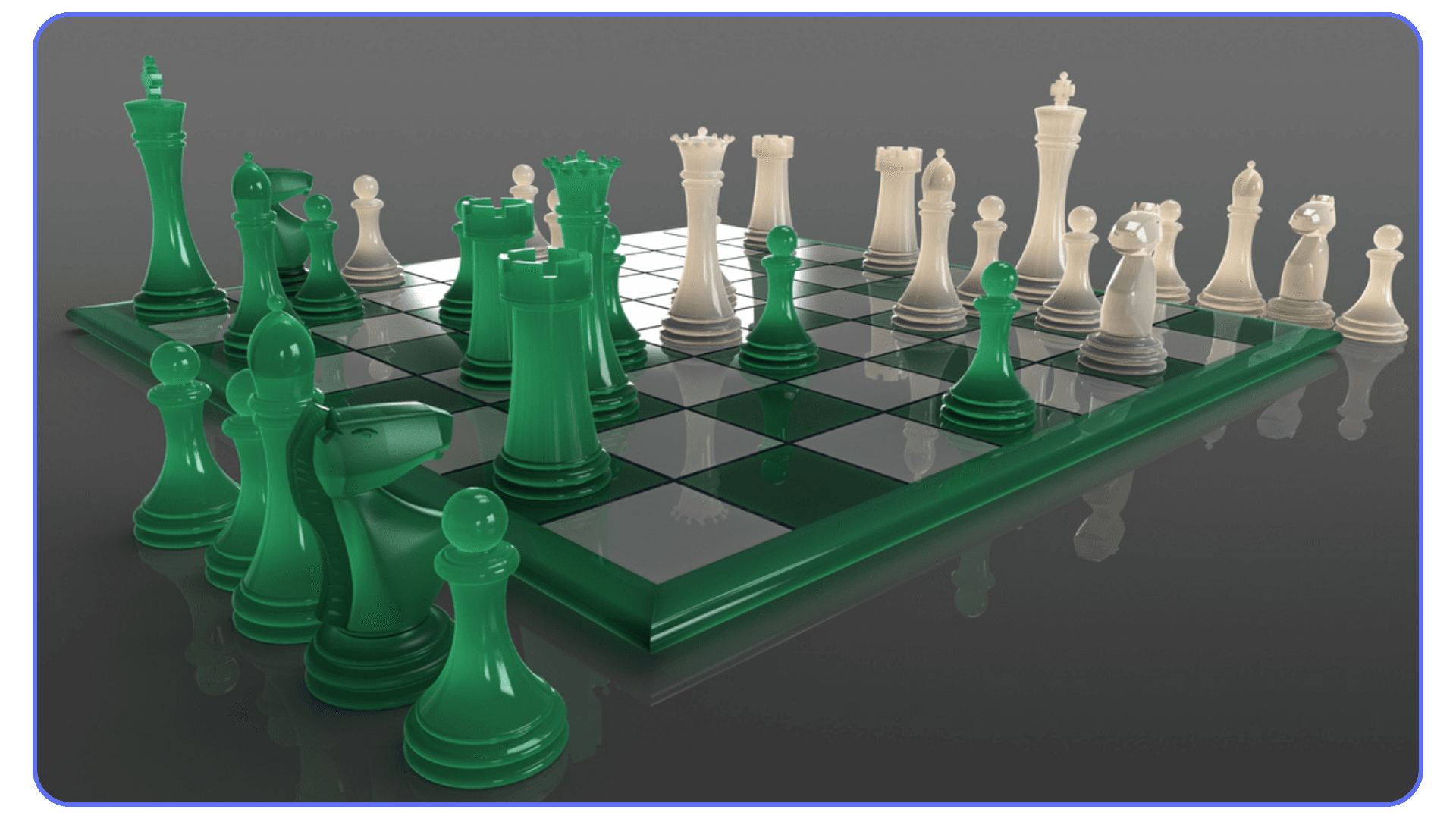 SolidWorks Visualize render of a glossy green and white chess set demonstrating reflections and material realism.