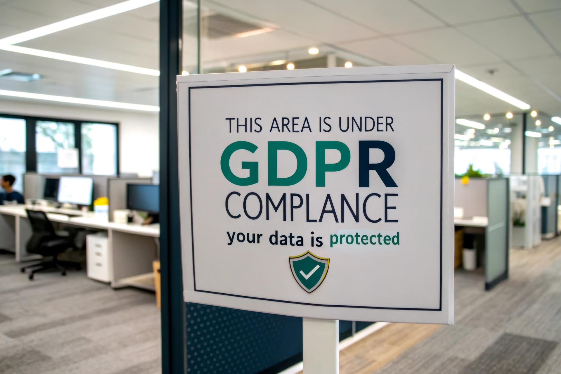 A sign indicating GDPR compliance in an office environment emphasizing data protection