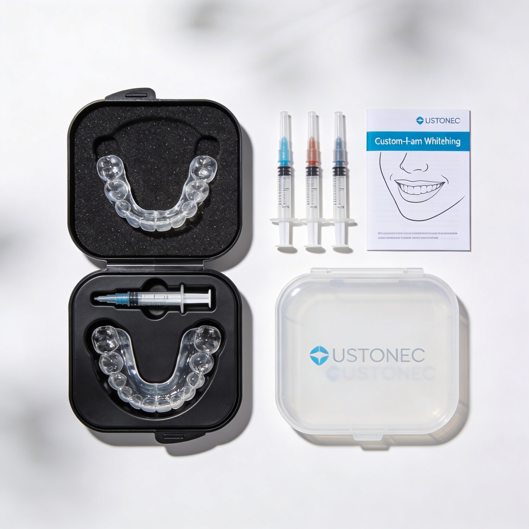 Complete custom take-home whitening kit with professional-grade gel syringes and fitted trays for at-home teeth whitening