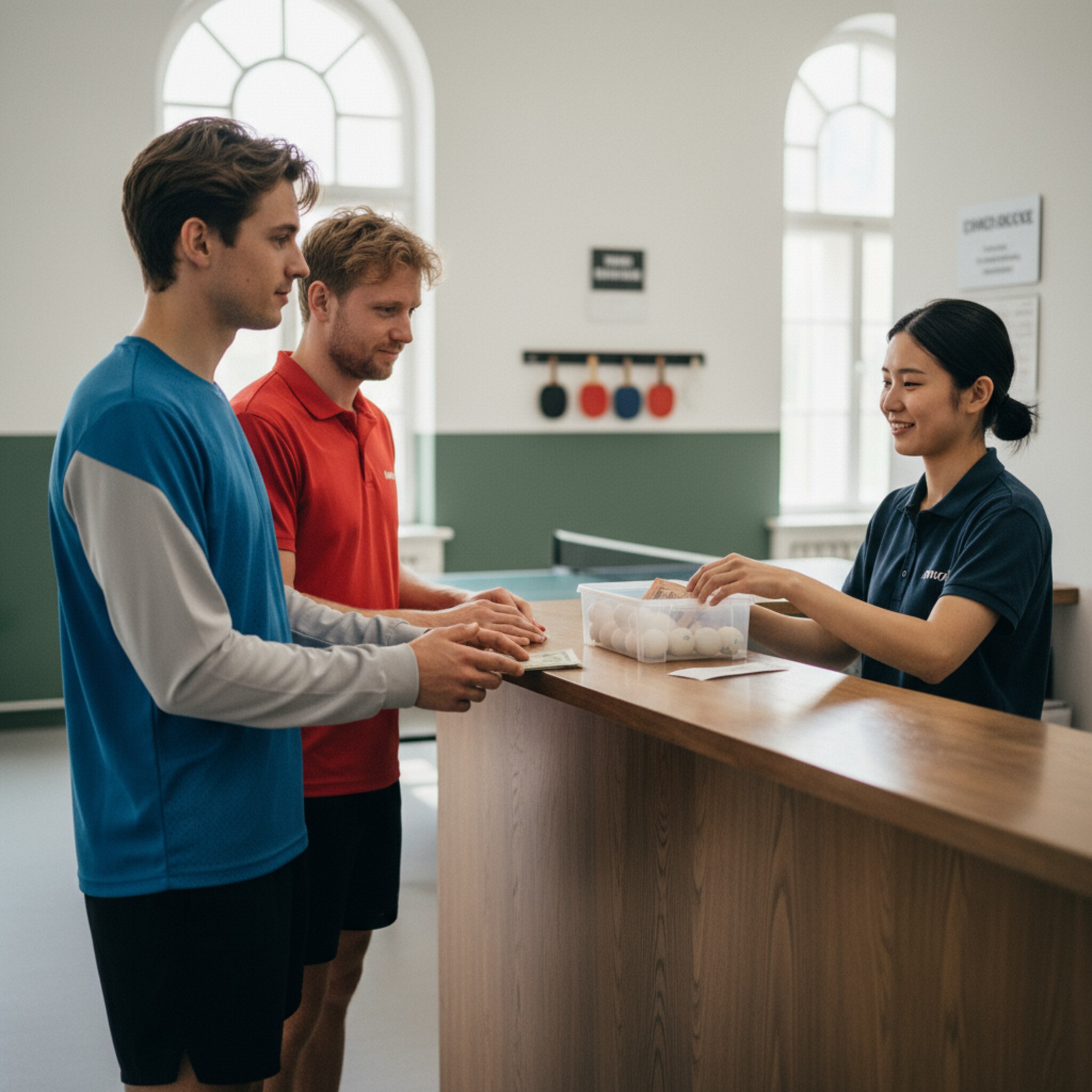 Am Tresen stellt eine Mitarbeiterin eine Box mit Bällen und einen kleinen Papierbeleg bereit. Zwei Spieler bedanken sich, legen passend gefaltete Scheine auf das Holz. Die Szene ist ruhig, freundlich und klar abgewickelt. Das Licht betont die aufgeräumte, verlässliche Atmosphäre.