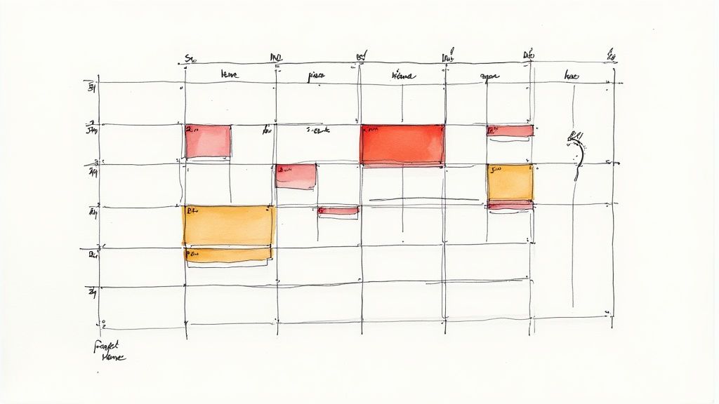 Hand-drawn weekly schedule grid with color-coded time blocks for planning executive assistant tasks