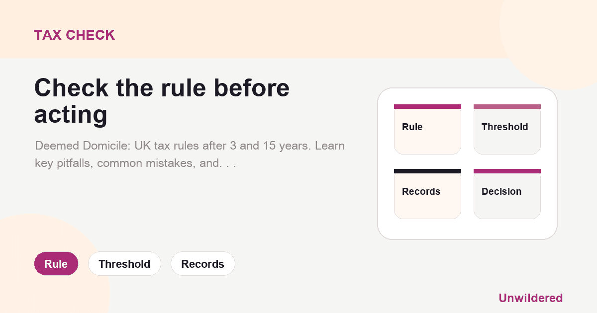 Explainer card for Deemed Domicile by years (UK Tax): What It Means and Where People Slip Up: Rule, Threshold, Records.