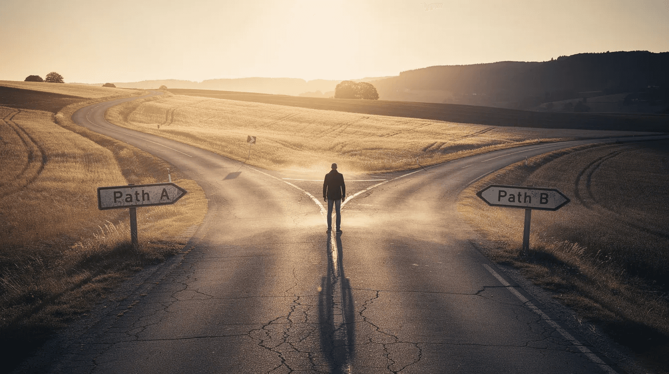 The image depicts a person standing at a crossroads on an open road, contemplating two different paths that stretch into the distance, symbolizing the choices and opportunities faced by a business owner considering franchise opportunities. This moment reflects the critical decision-making involved in pursuing a successful franchise, where one must weigh the potential for profit and growth against the risks of losing money.