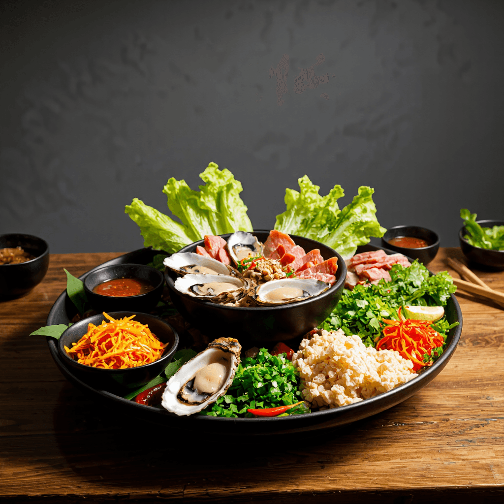 product photography of a platter of assorted Korean dishes including lettuce, sliced meat, oysters, and side dishes