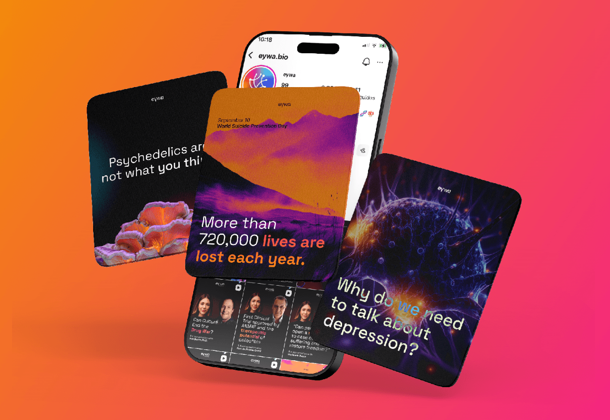 Mobile phone displaying Eywa's Instagram profile with various posts addressing mental health and psychedelics.