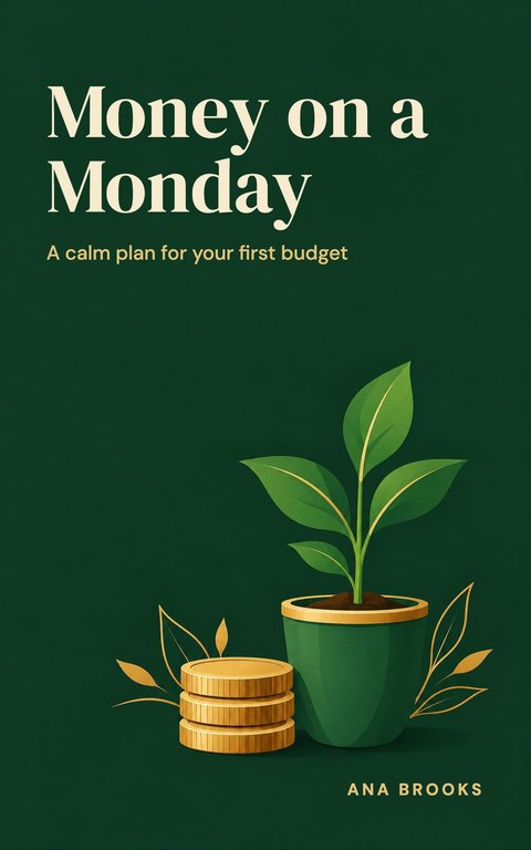 Finance ebook cover template: Money on a Monday, coins beside a growing plant on green