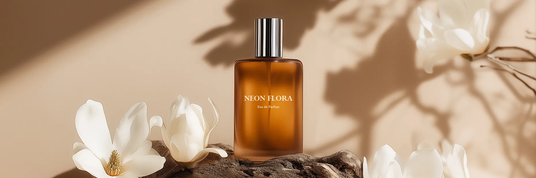 나무 위에 놓인 갈색 향수병과 흰 꽃이 함께 연출된 장면