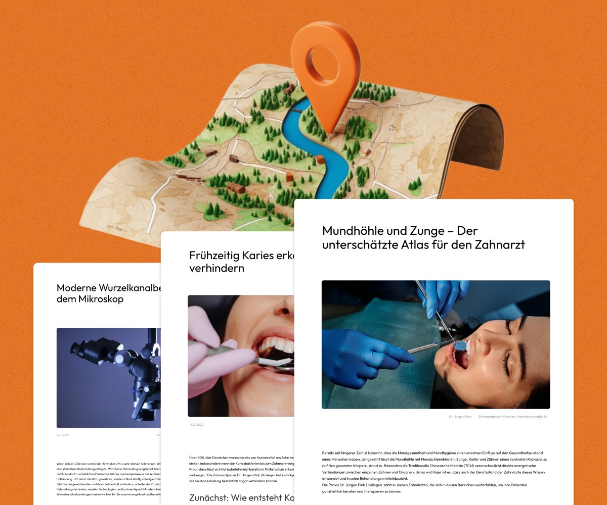 Automatisierte Content-Erstellung für Zahnärzte: Digitale Artikel zu Wurzelkanalbehandlung, Kariesprävention und Mundgesundheit vor einer Karte mit Standortmarker.