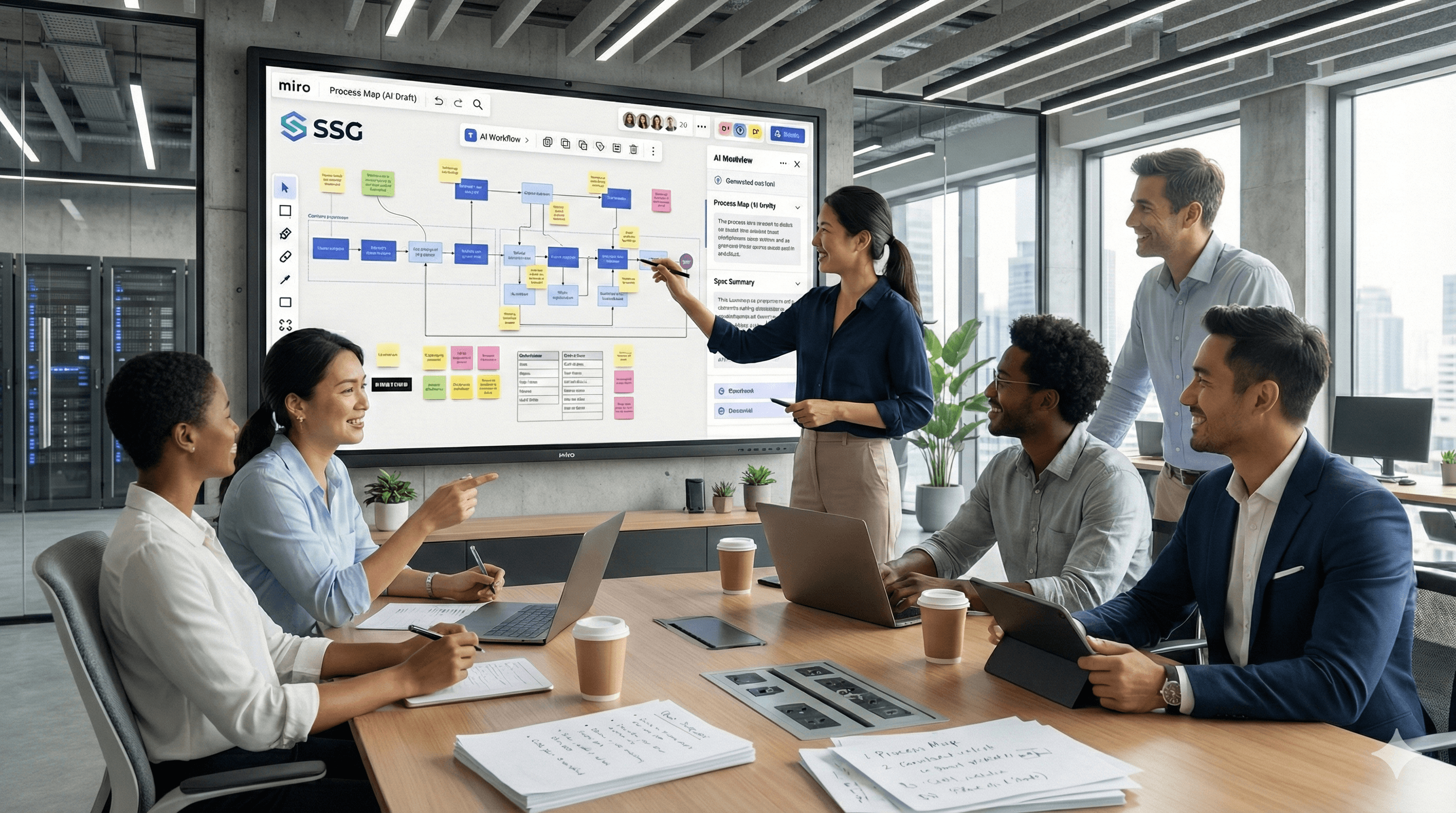 In a modern conference room, a diverse group of professionals collaborates around a large table with laptops and coffee, while a presenter uses a digital board showing a complex workflow diagram, emphasizing the advanced capabilities of Smart System Guild in enhancing ERP build processes with Miro AI workflows.