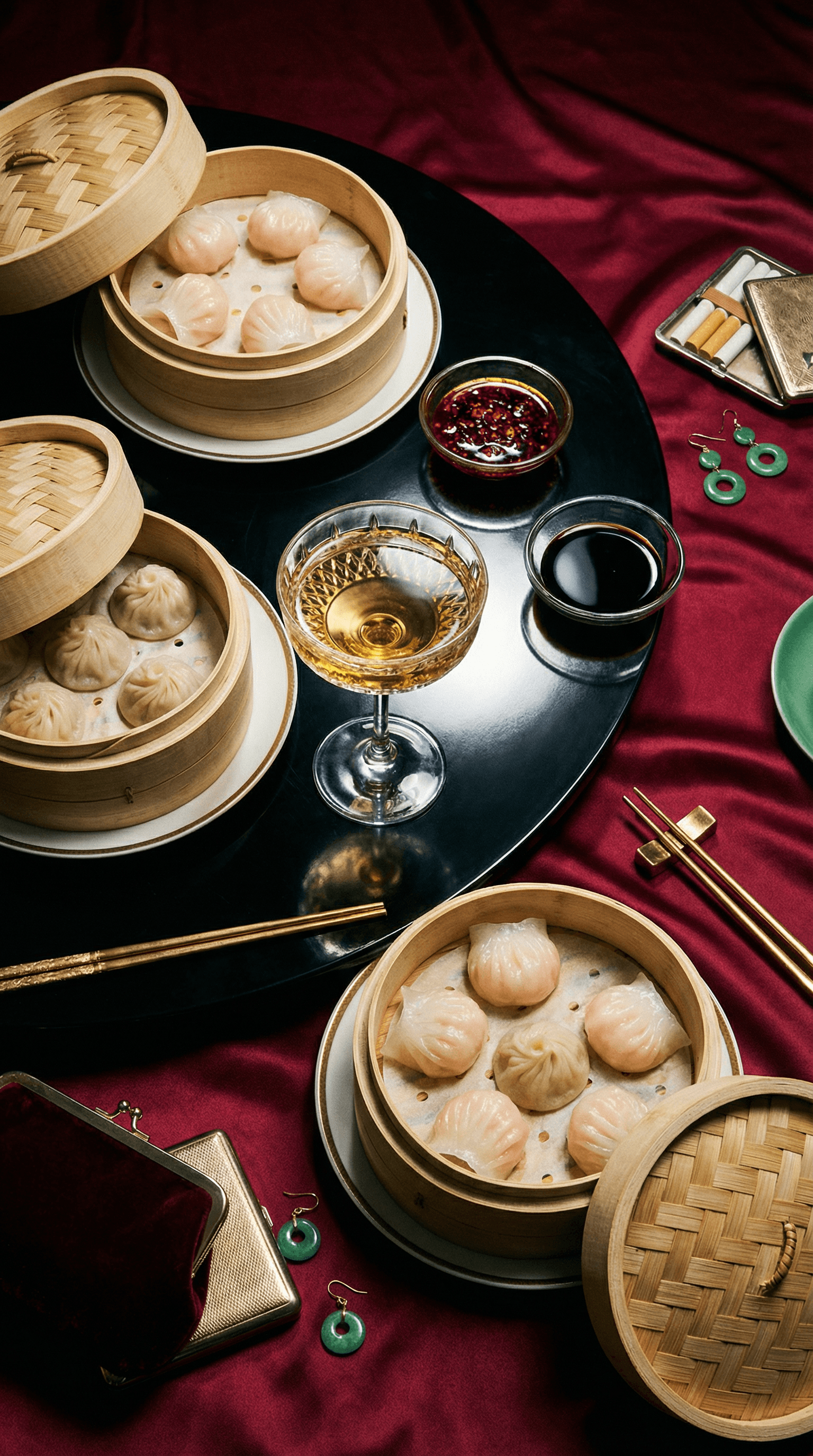 Luxe dim sum flat lay with bamboo steamers, dipping sauces, cocktail, and red silk styling.