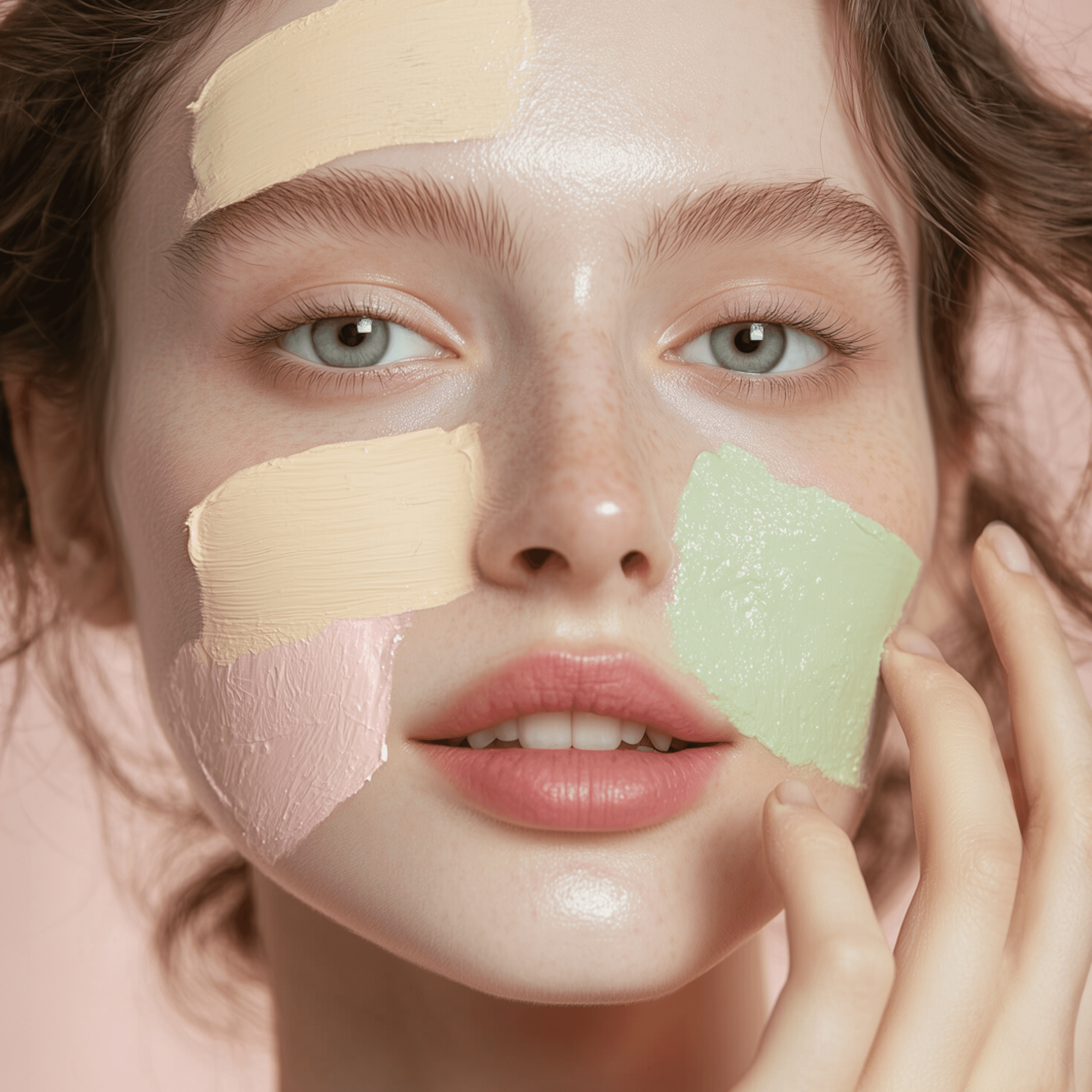 Young woman with a fresh face and colorful skincare patches applied on her cheeks, looking softly at the camera.