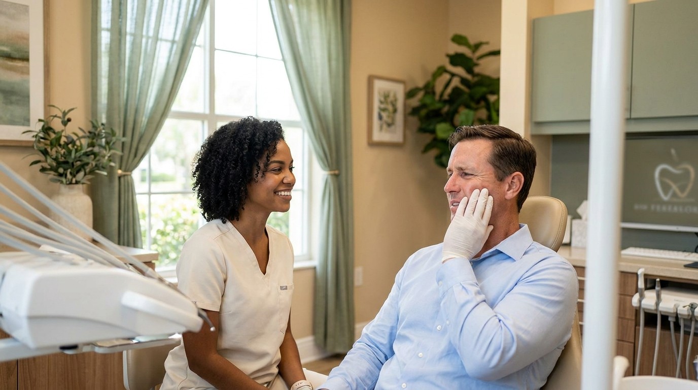 Patient touching their cheek after dental work while a Palm Beach Gardens dentist reassures them