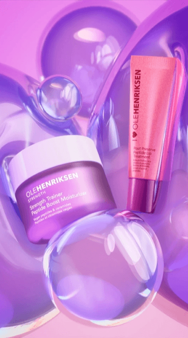 The final composition features the "Strength Trainer" moisturizer and "Pout Preserve" peptide treatment against a glass-like backdrop