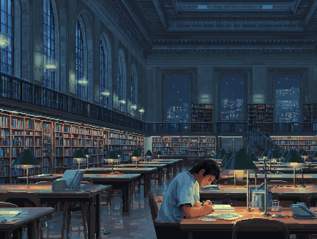 Pixel art of student working late in an empty library.