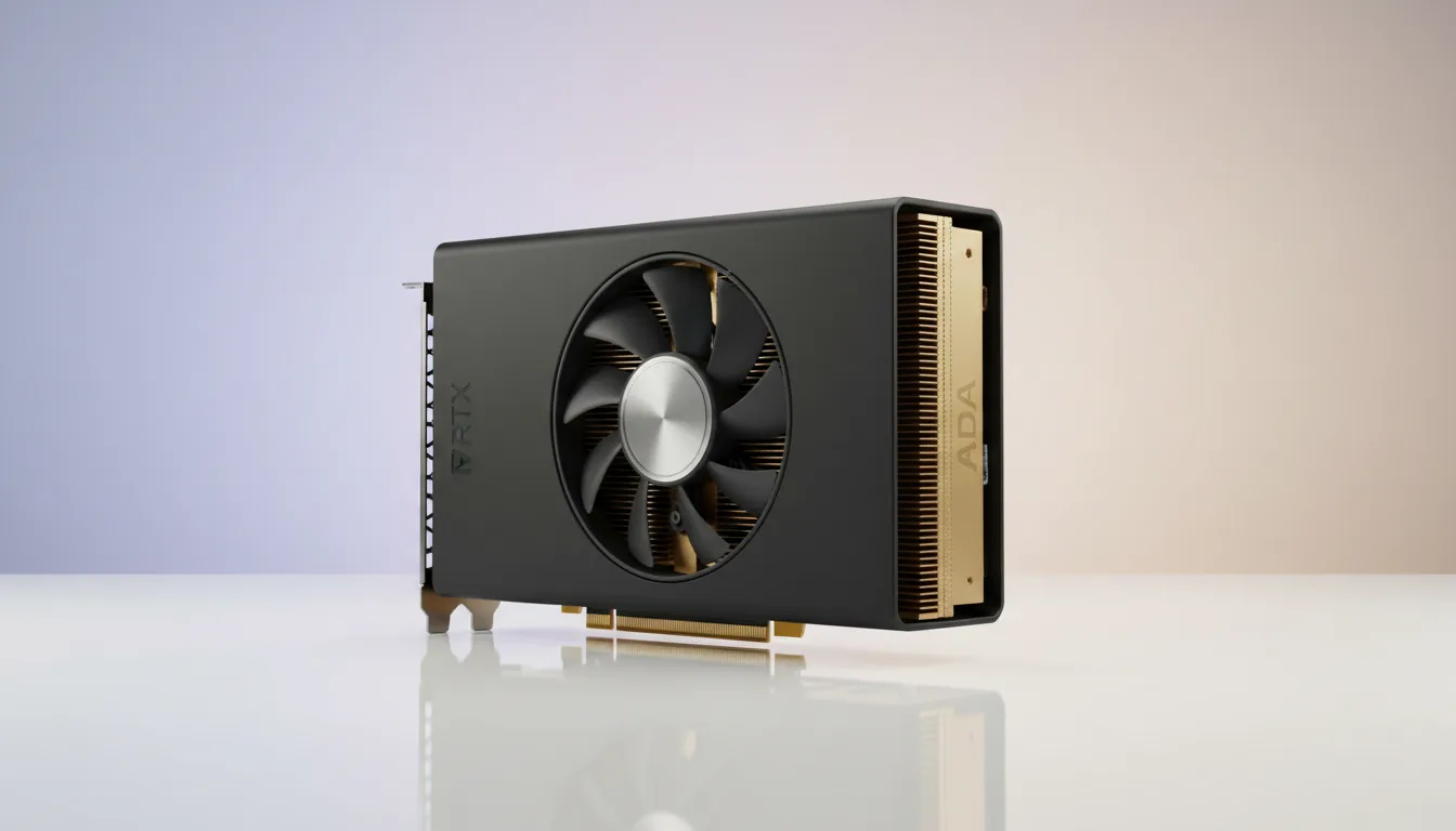 DSLR product photography of an NVIDIA RTX Ada professional workstation graphics card, three-quarter angle view. The GPU features a sleek matte black shroud, a single circular blower fan with a silver accent, and a prominent gold-colored heat sink along the side. It rests on a highly reflective, glossy white surface, creating a soft, clear reflection. The background is a minimalist studio backdrop with a smooth vertical gradient from pale lavender-blue to a soft warm beige. Soft studio lighting, sharp focus, hyper-realistic detail.