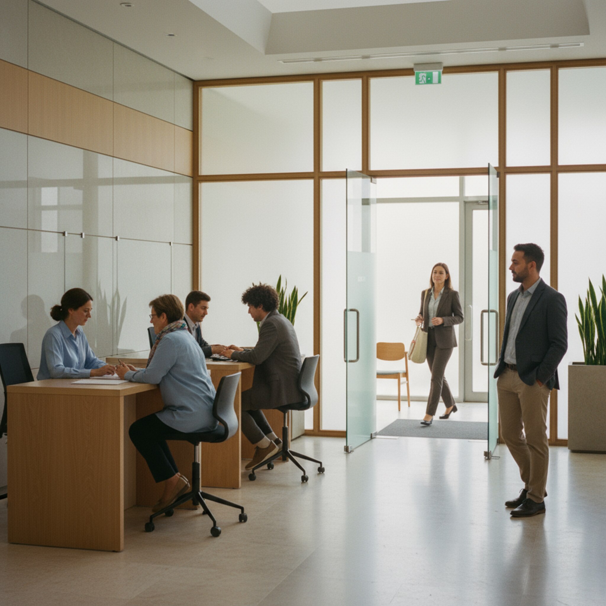 Ein Mitarbeiter steht am Rand einer Schalterhalle und überblickt ruhig mehrere Arbeitsplätze. Zwei Schalter sind besetzt, eine Kabine frei, ein Dolmetscher betritt pünktlich den Raum. Die Szene wirkt koordiniert, vorhersehbar und gut getaktet, ohne sichtbare Technik oder Anzeigen.