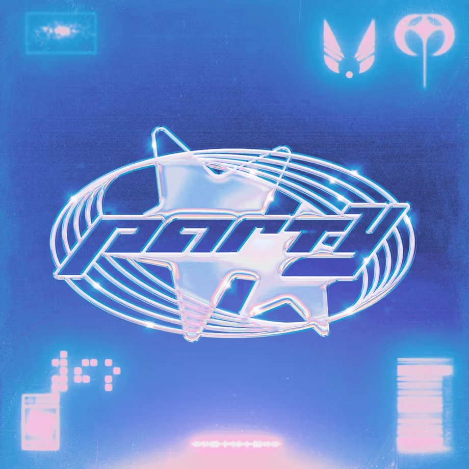Stylized logo featuring the word "party" with neon blue and pink tones against a digital background.