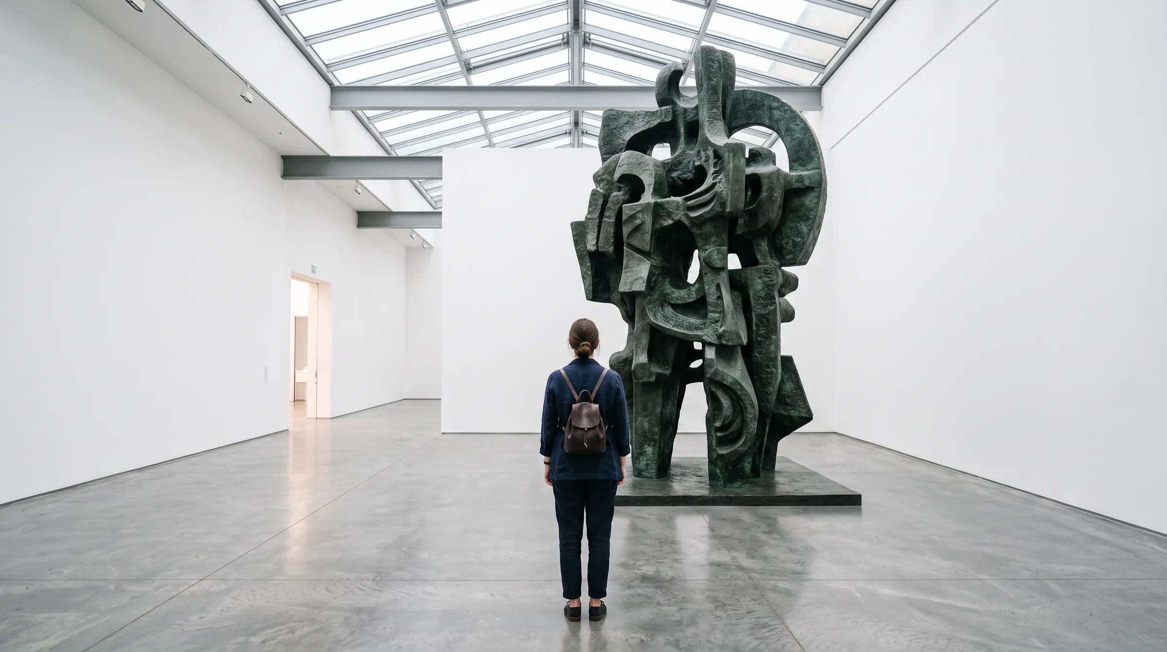 Visitor before a monumental bronze sculpture in a skylit gallery