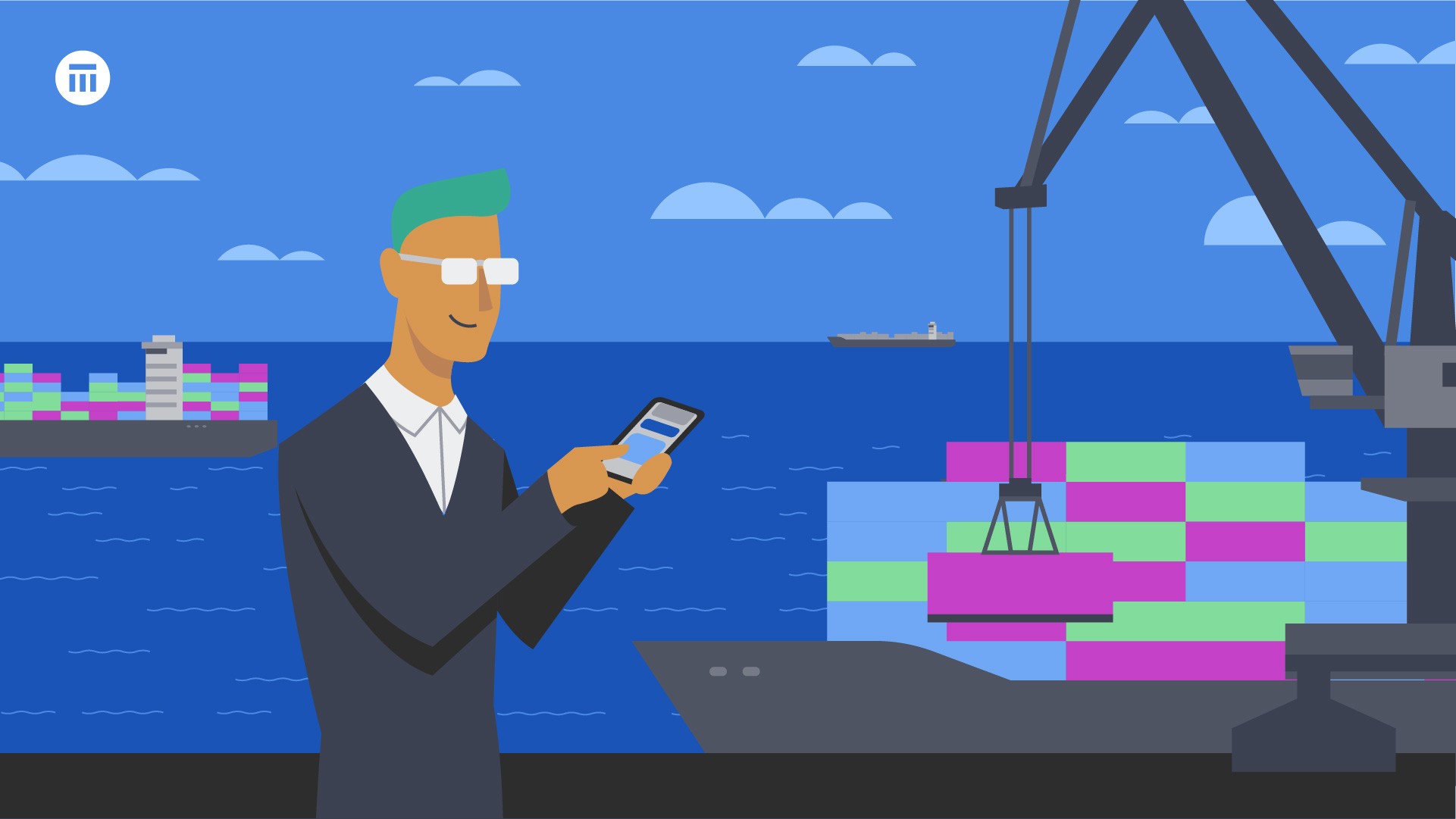 Illustrated view of a harbor with a person on his cell phone in the front.