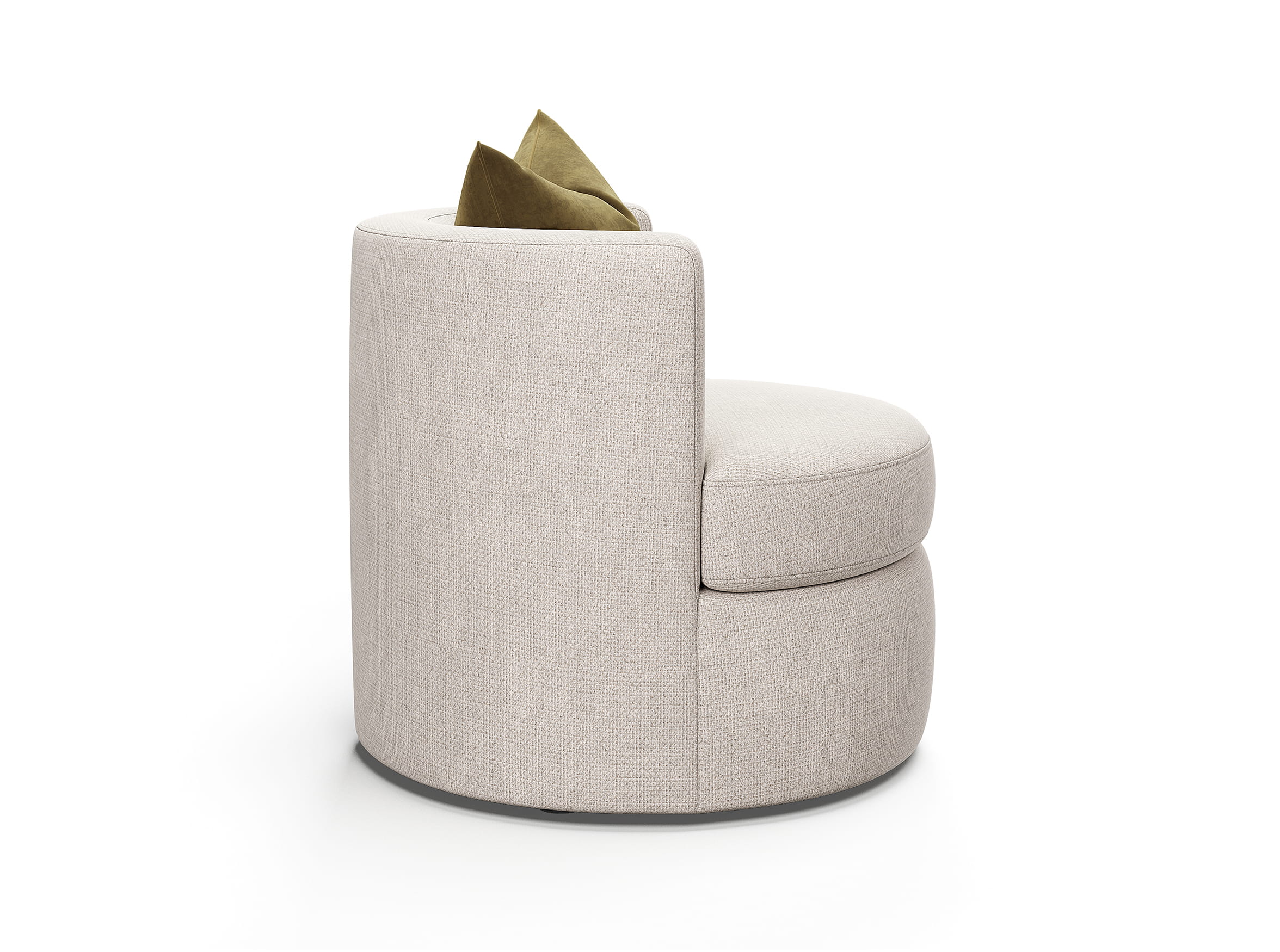 Side view 3D render of swivel chair showing curved backrest and compact form