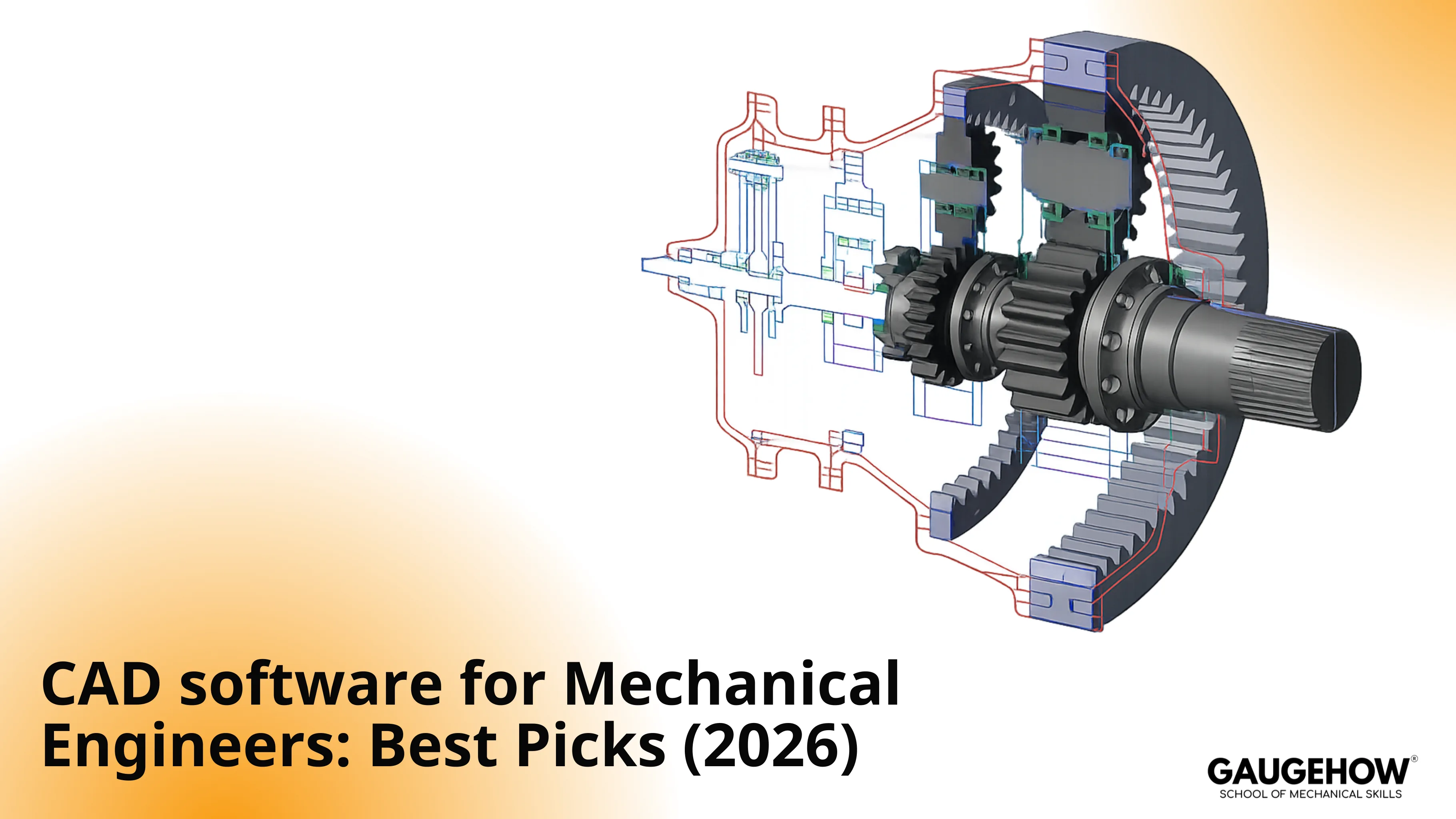 CAD gearbox cutaway with drawing and 3D model overlay