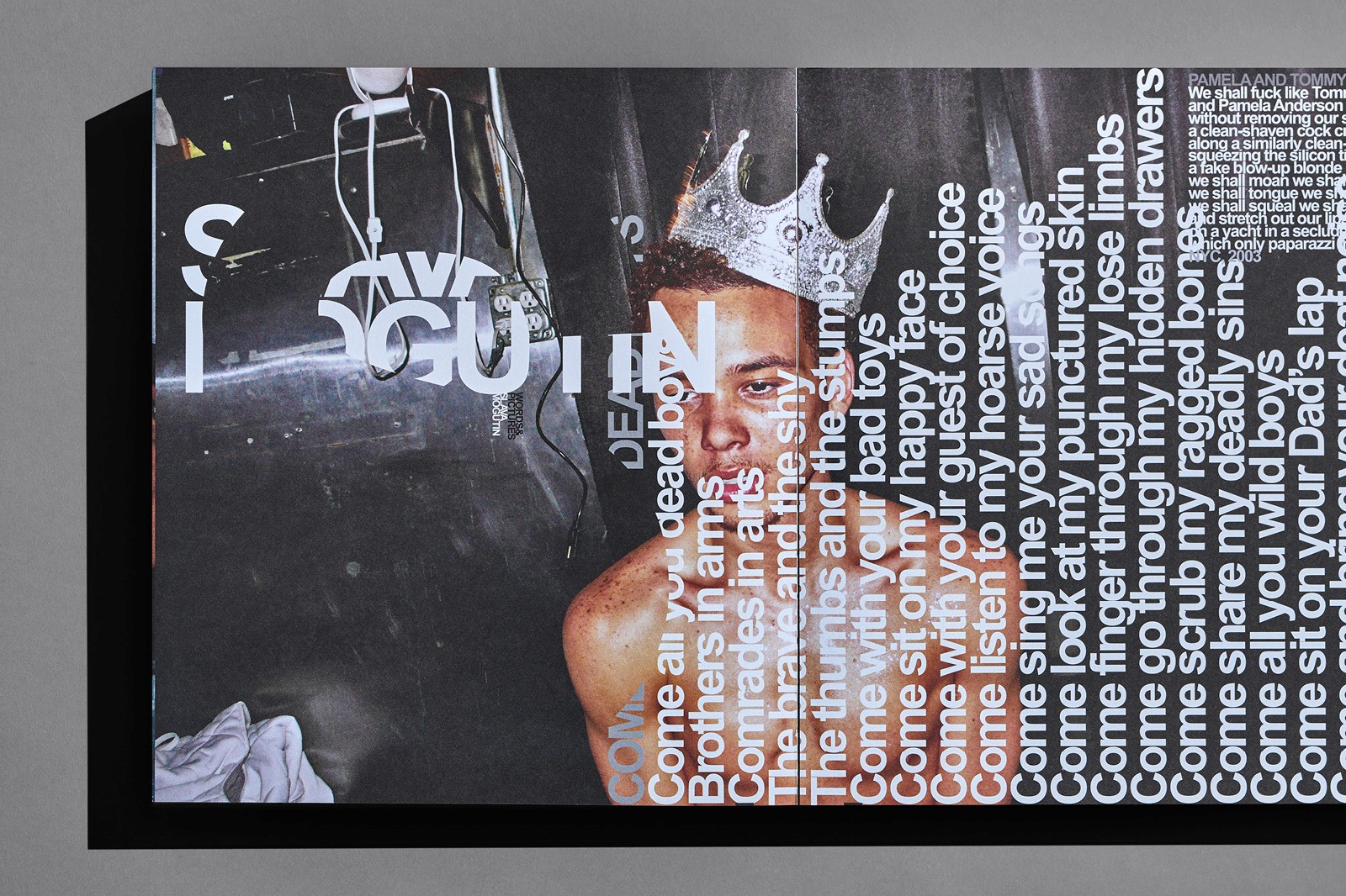 A person with a crown poses in front of graffiti-style background artwork, showcasing an artistic urban vibe.