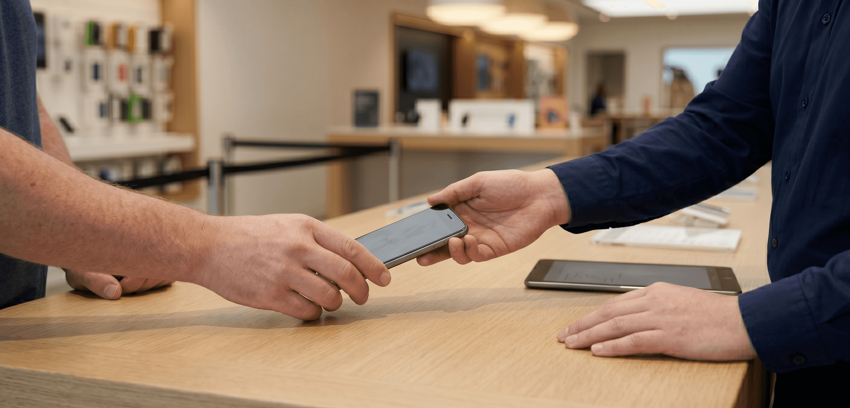 Un client tend son smartphone à un vendeur au dessus du comptoir d'une boutique de téléphone pour le revendre.