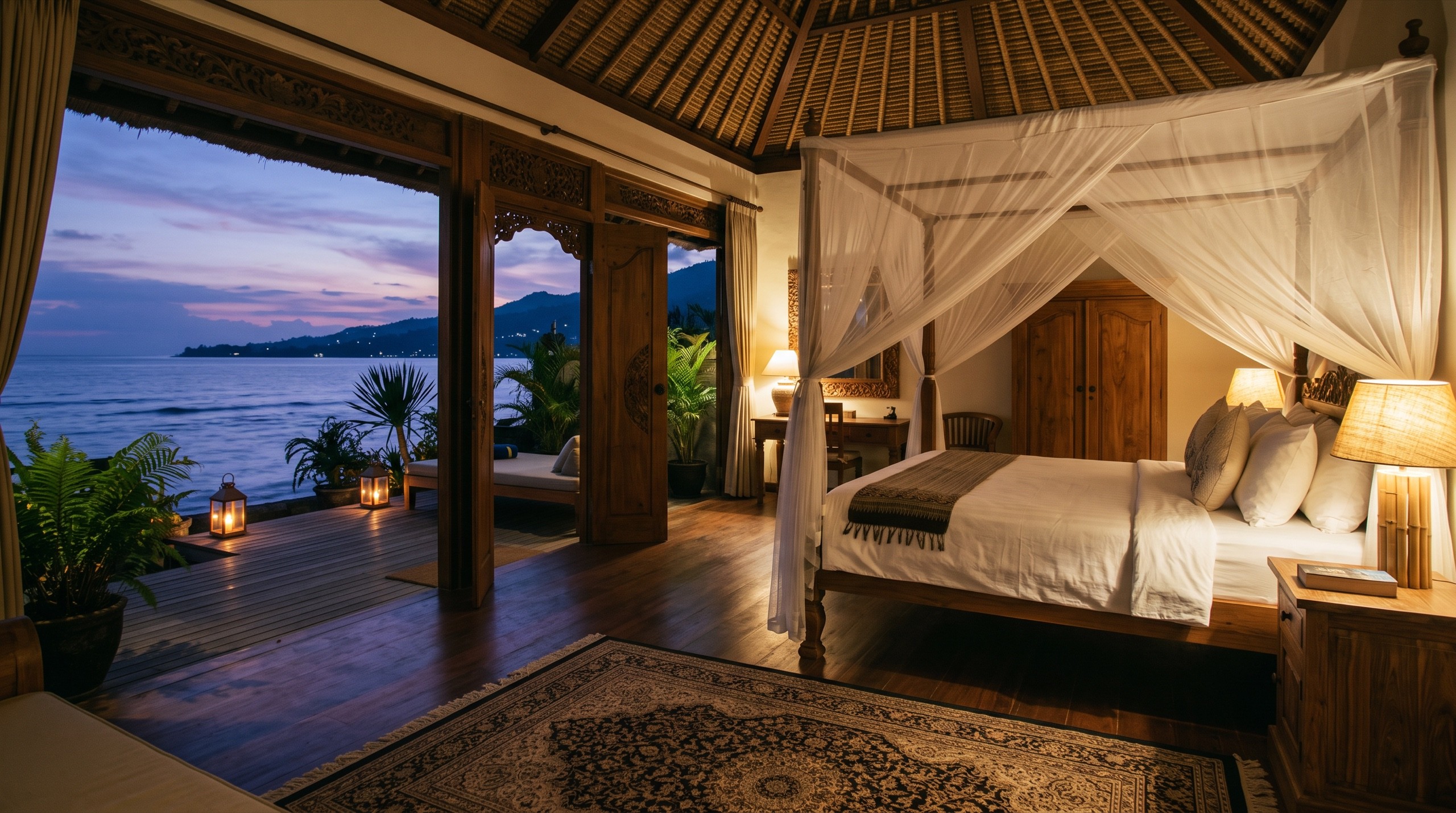 Villa bedroom at dusk with a four-poster bed under white netting, carved teak furniture and doors open to a lantern-lit terrace and the sea