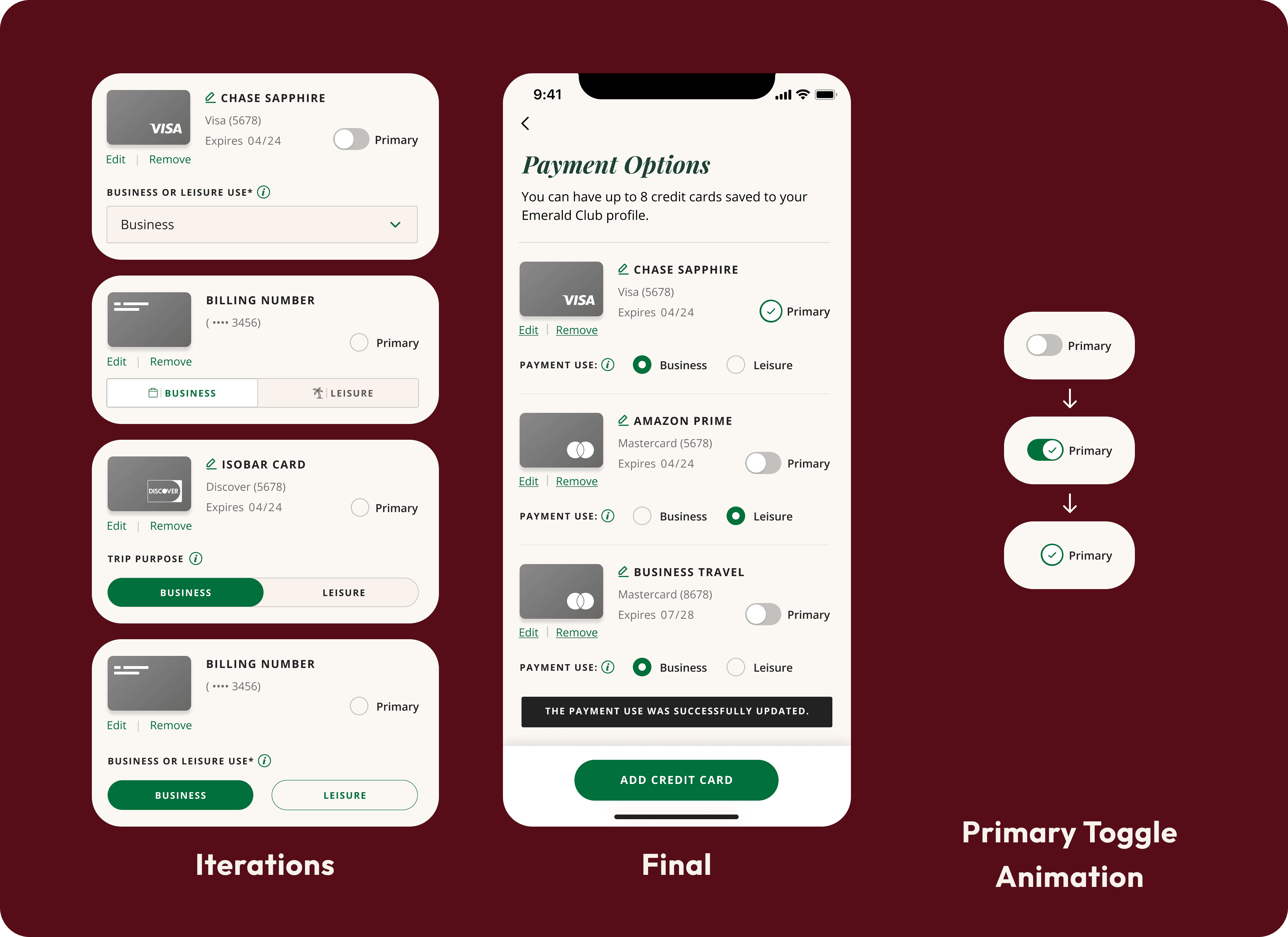 Iterations for setting card use as business or leisure and the final outcome.