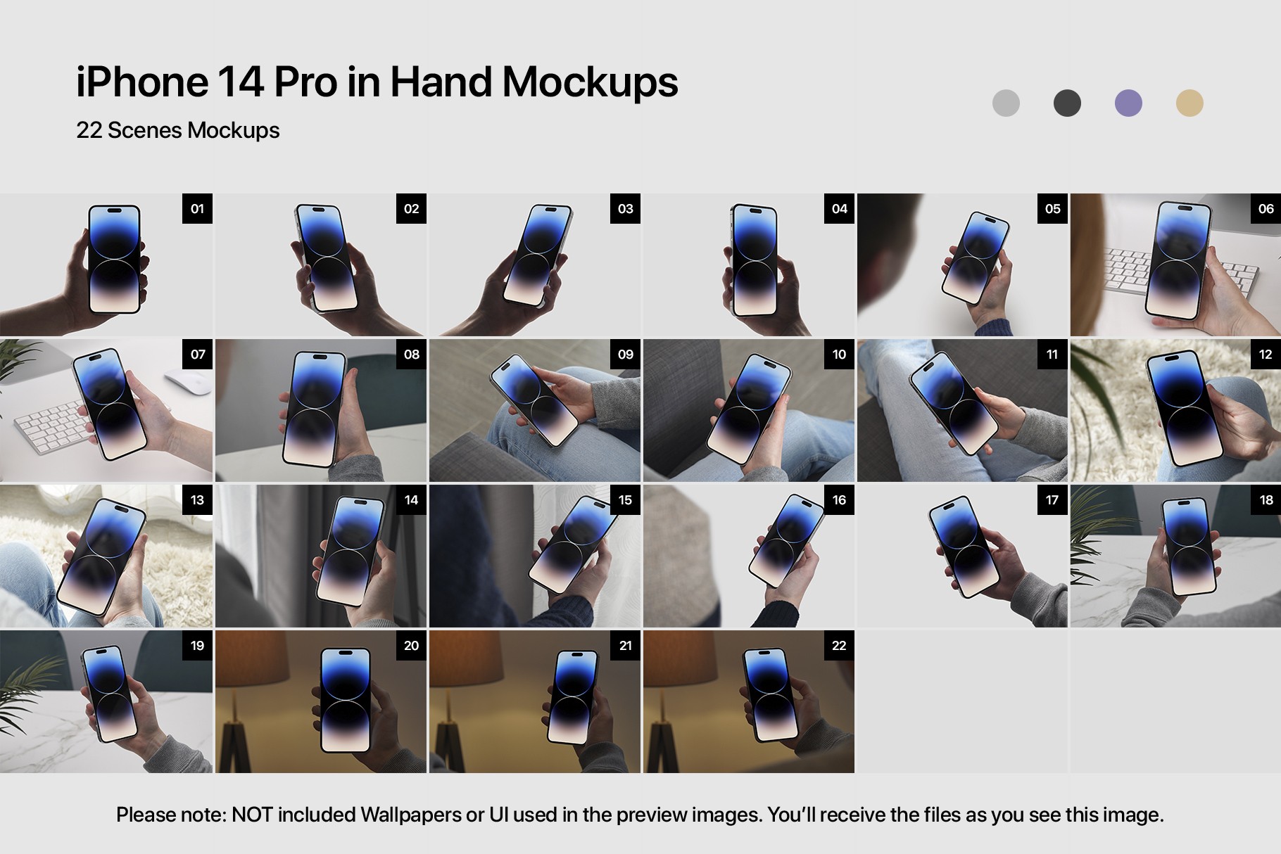 Preview showcasing 22 different iPhone 14 Pro In Hand Mockup scenes, displaying various hand positions and angles.
