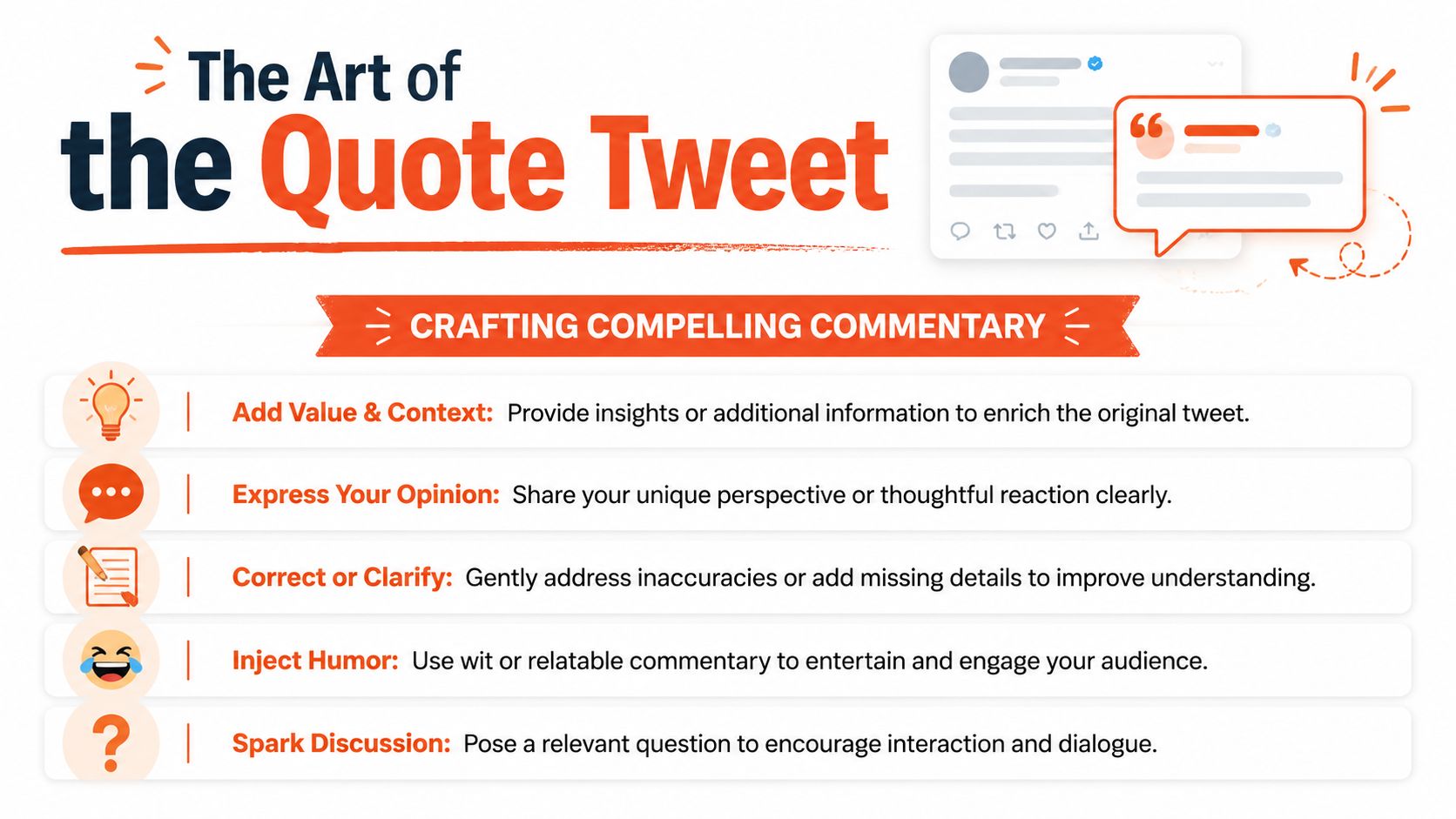 An infographic detailing tips for creating engaging quote tweets on social media platforms for better interaction.