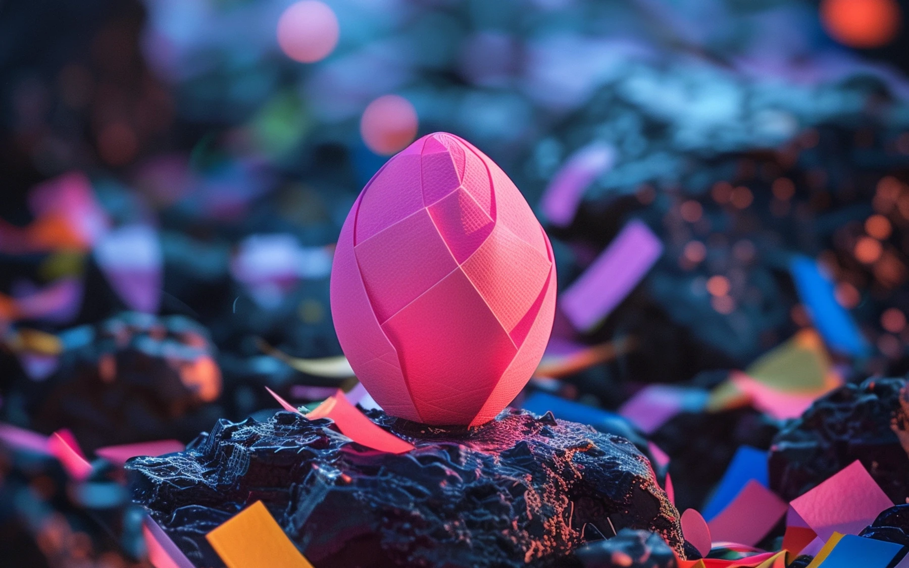 An abstract rendering of an egg made from a vibrant pink sticky note.