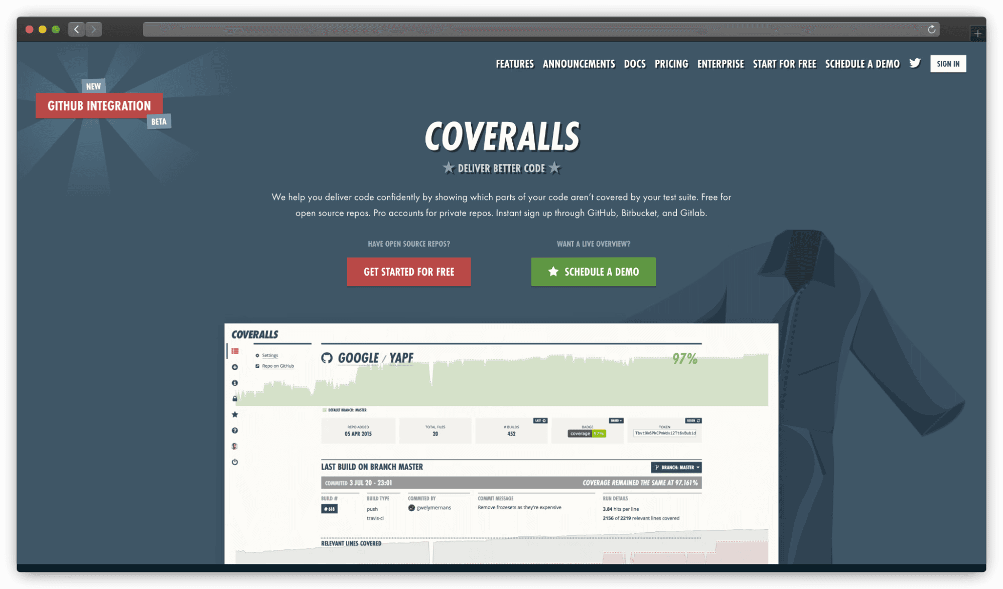 coveralls is a code and test coverage platform for devops.